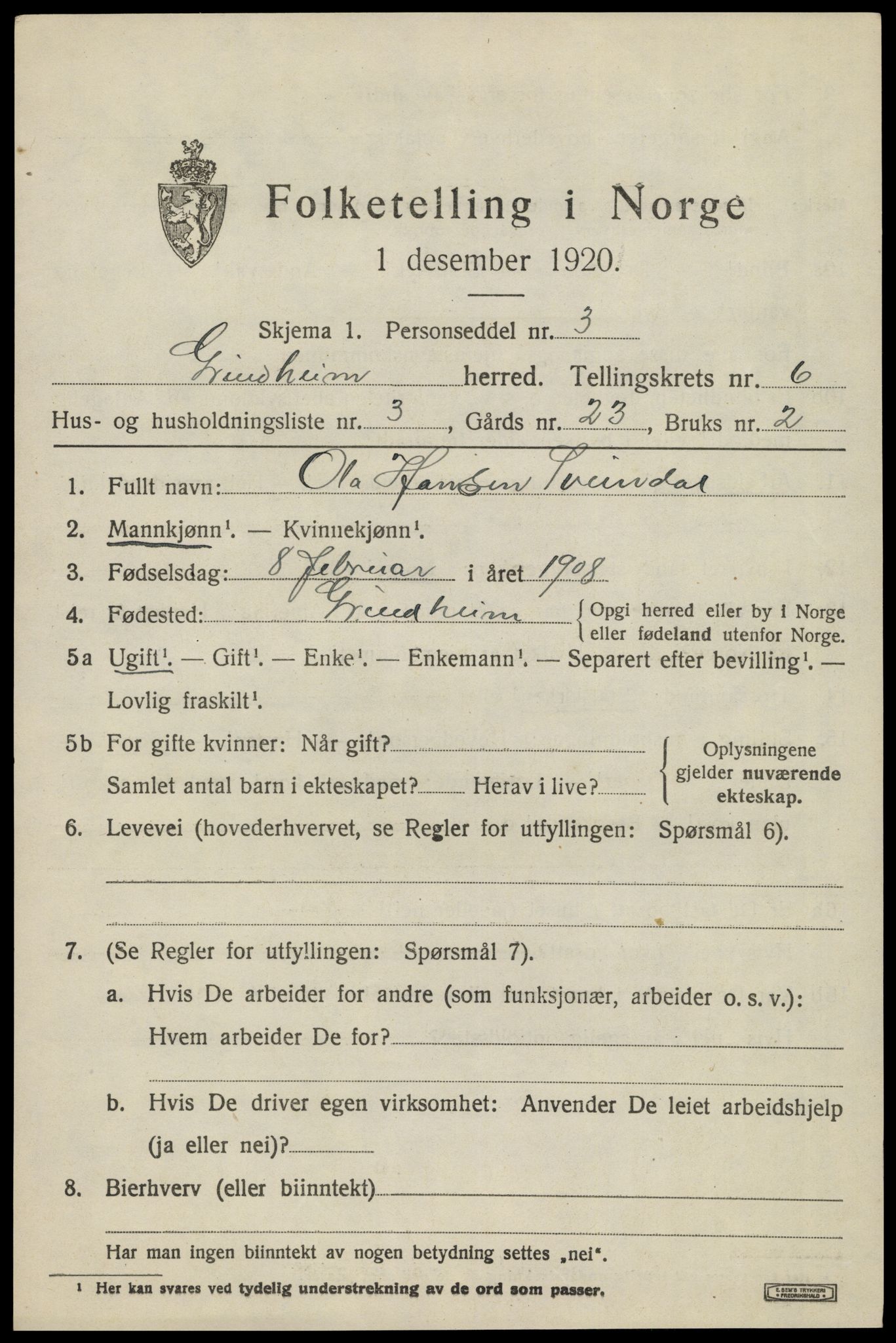 SAK, 1920 census for Grindheim, 1920, p. 1883