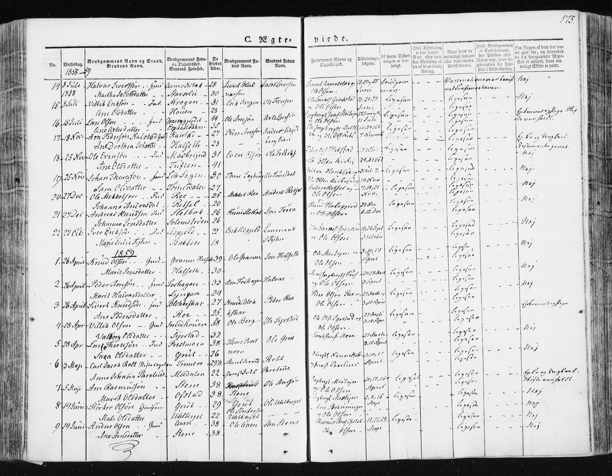 Ministerialprotokoller, klokkerbøker og fødselsregistre - Sør-Trøndelag, SAT/A-1456/672/L0855: Parish register (official) no. 672A07, 1829-1860, p. 175