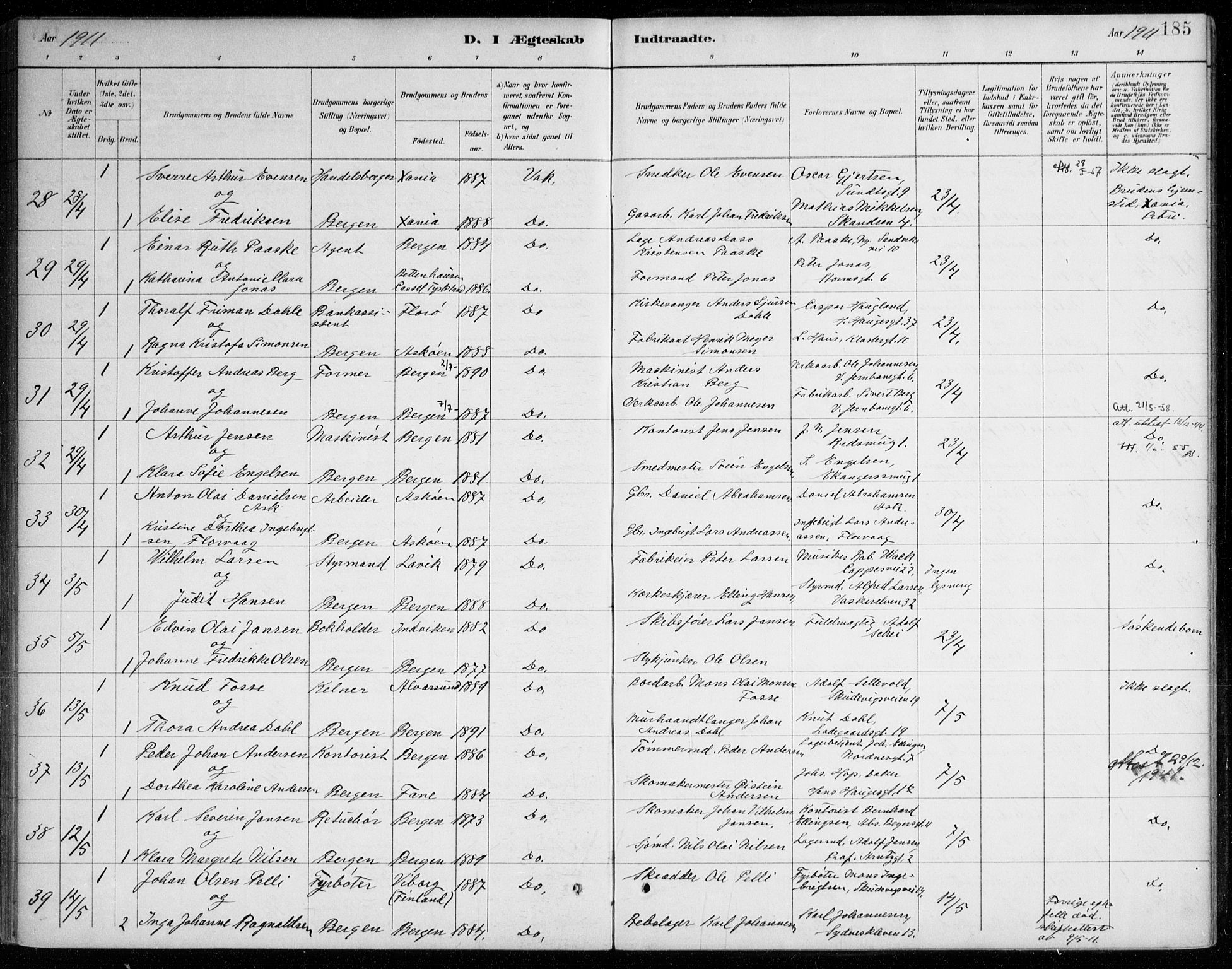 Johanneskirken sokneprestembete, AV/SAB-A-76001/H/Haa/L0012: Parish register (official) no. D 1, 1885-1912, p. 185