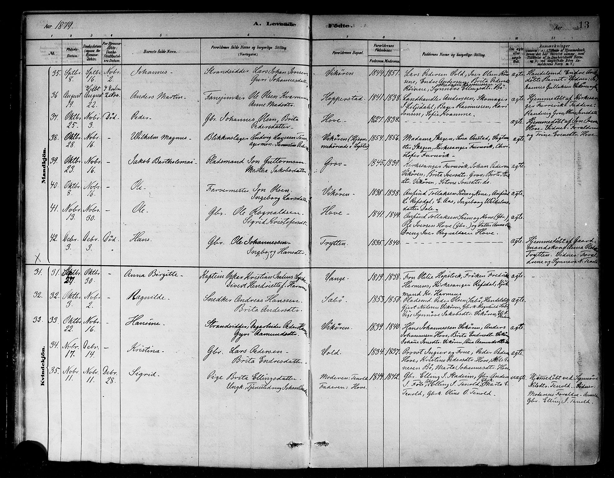 Vik sokneprestembete, SAB/A-81501: Parish register (official) no. B 1, 1878-1890, p. 13