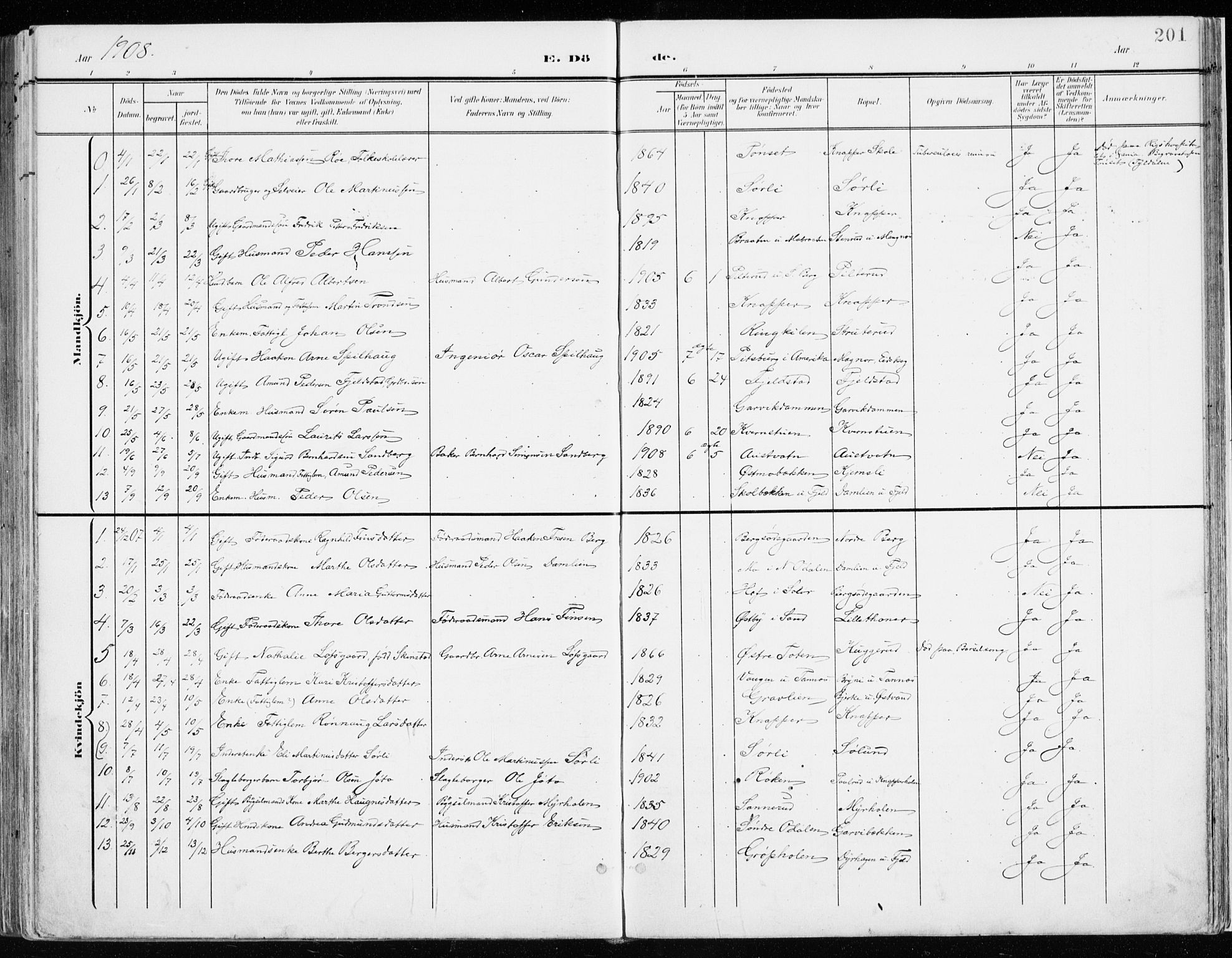Nord-Odal prestekontor, SAH/PREST-032/H/Ha/Haa/L0009: Parish register (official) no. 9, 1902-1926, p. 201