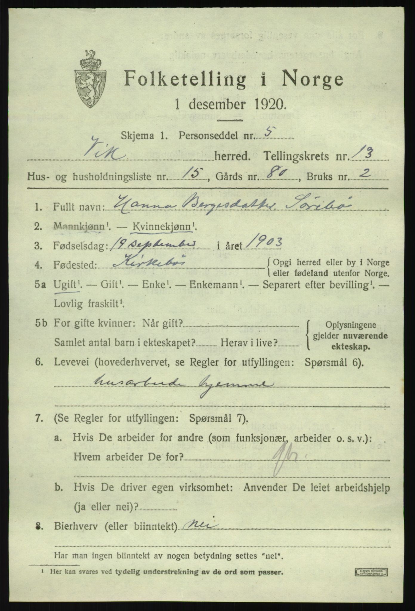 SAB, 1920 census for Vik, 1920, p. 7307