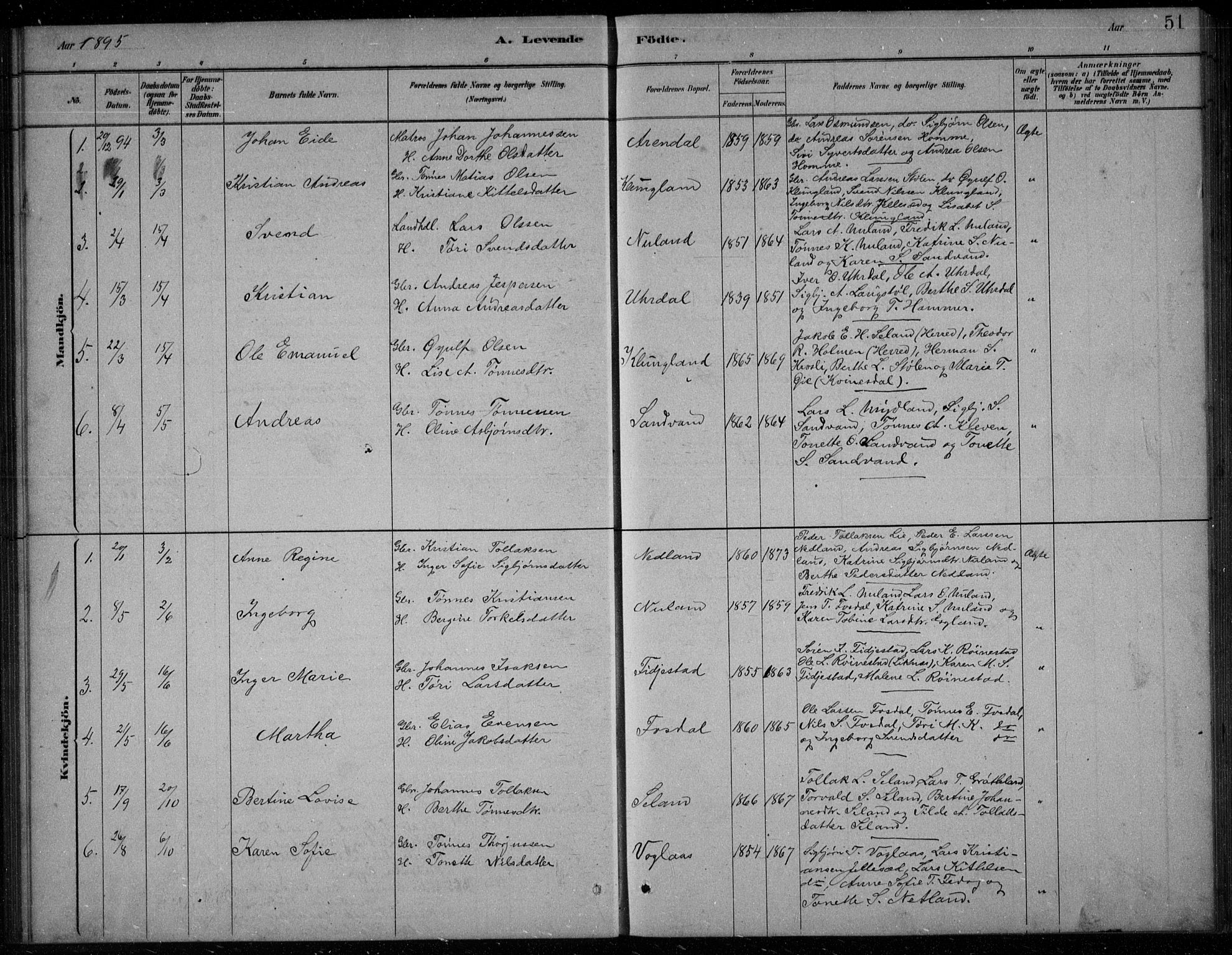 Bakke sokneprestkontor, SAK/1111-0002/F/Fb/Fbb/L0003: Parish register (copy) no. B 3, 1878-1896, p. 51