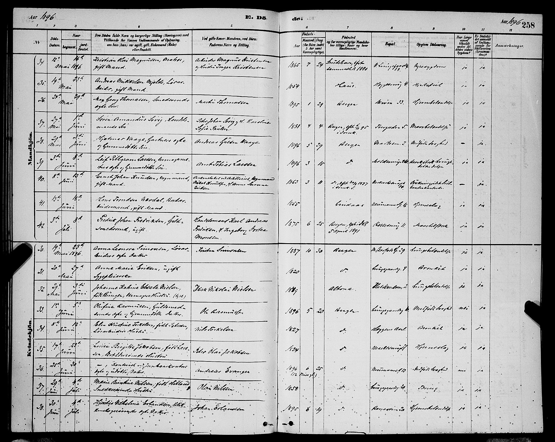 Domkirken sokneprestembete, AV/SAB-A-74801/H/Hab/L0041: Parish register (copy) no. E 5, 1878-1900, p. 258