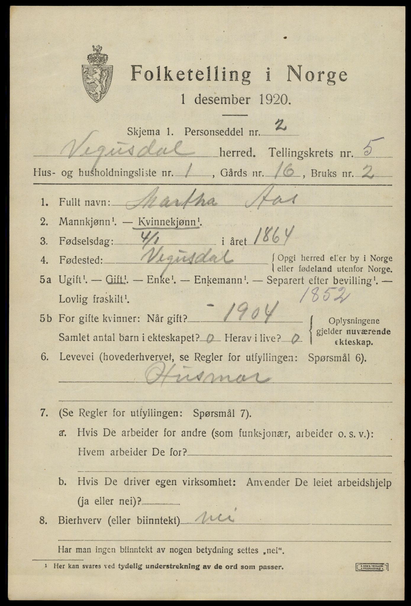 SAK, 1920 census for Vegusdal, 1920, p. 1275