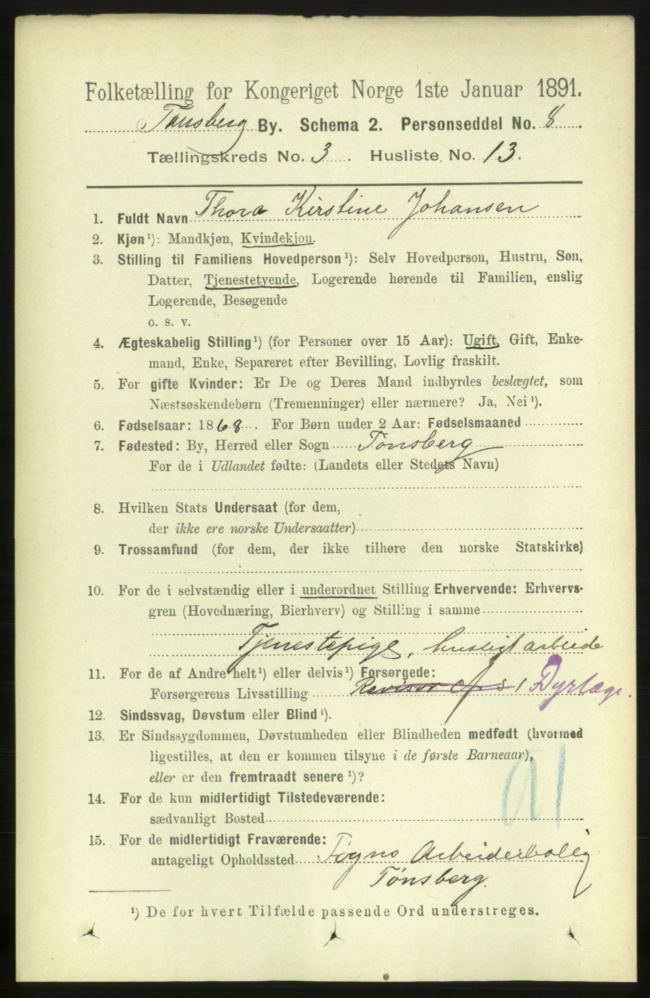 RA, 1891 census for 0705 Tønsberg, 1891, p. 1907