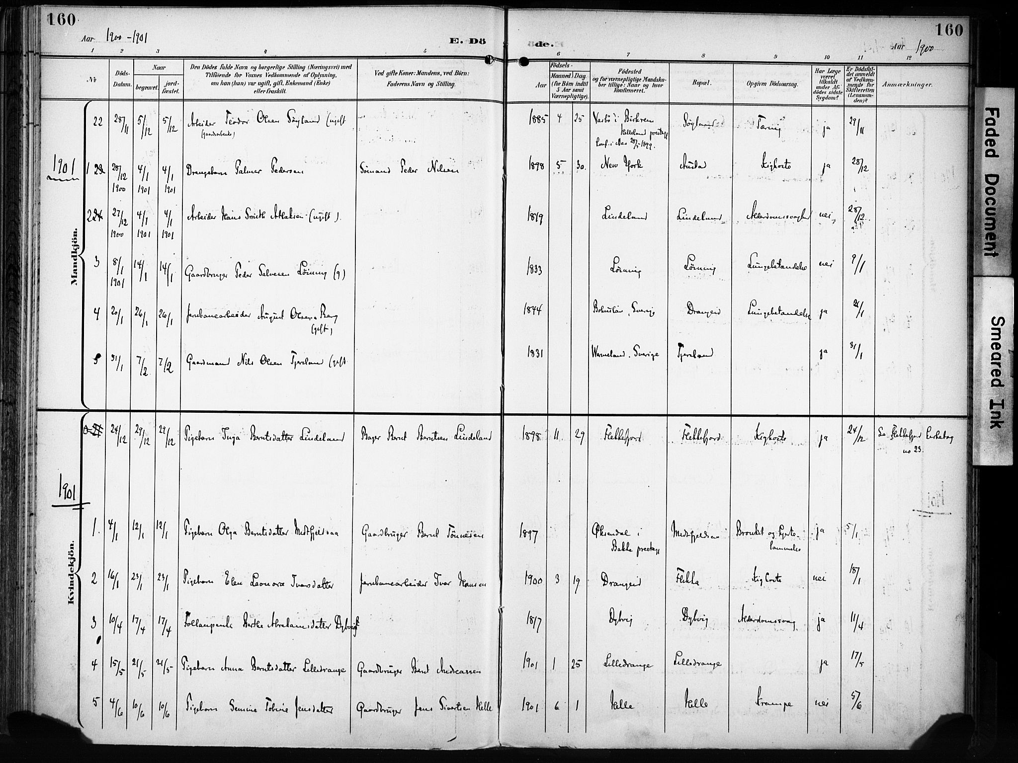 Flekkefjord sokneprestkontor, AV/SAK-1111-0012/F/Fa/Fac/L0009: Parish register (official) no. A 9, 1899-1909, p. 160