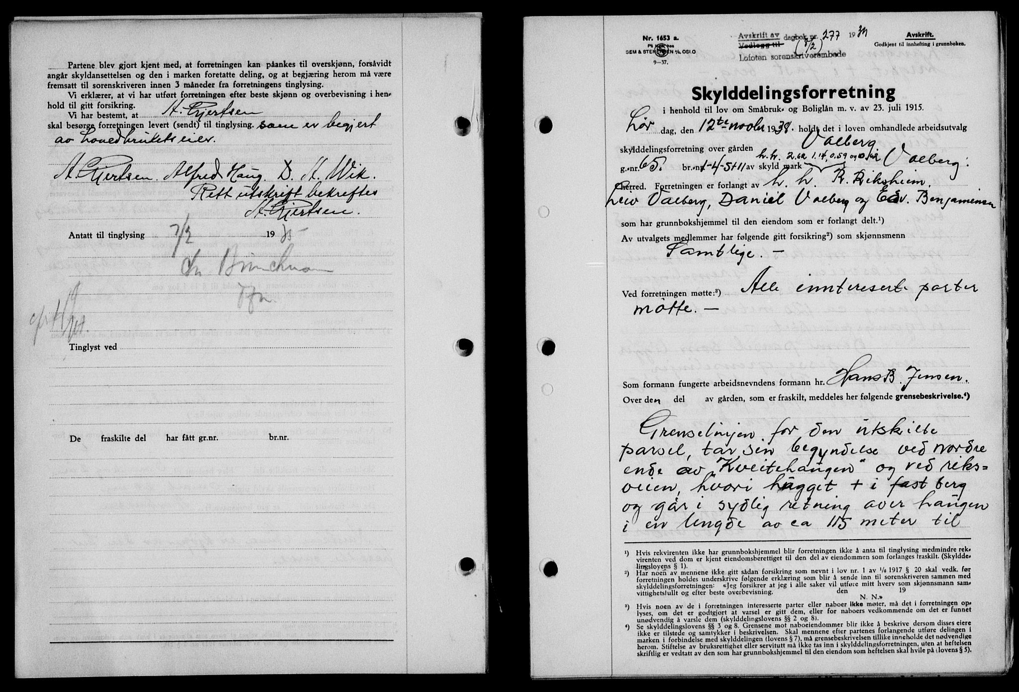 Lofoten sorenskriveri, SAT/A-0017/1/2/2C/L0005a: Mortgage book no. 5a, 1939-1939, Diary no: : 277/1939