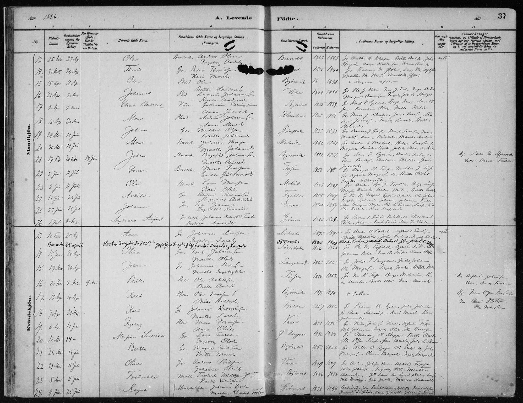 Hosanger sokneprestembete, AV/SAB-A-75801/H/Haa: Parish register (official) no. B  1, 1880-1896, p. 37