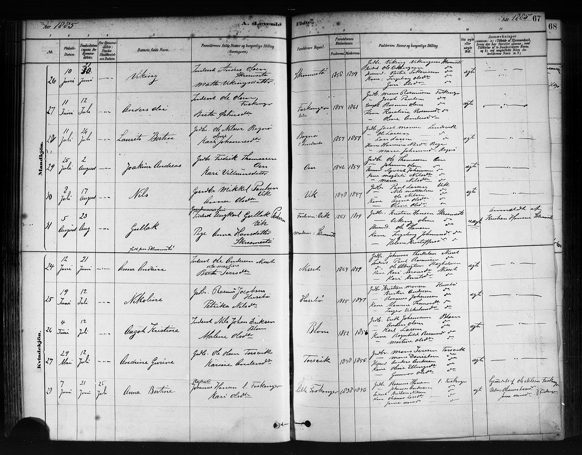 Herdla Sokneprestembete, AV/SAB-A-75701/H/Haa: Parish register (official) no. A 3, 1878-1890, p. 67