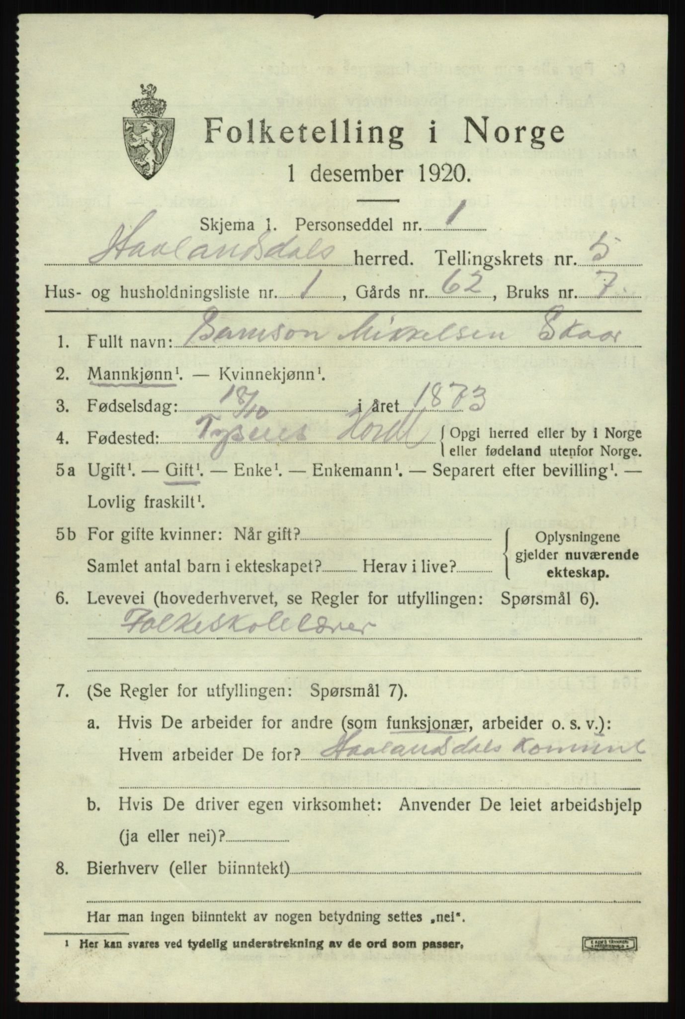 SAB, 1920 census for Hålandsdal, 1920, p. 1020