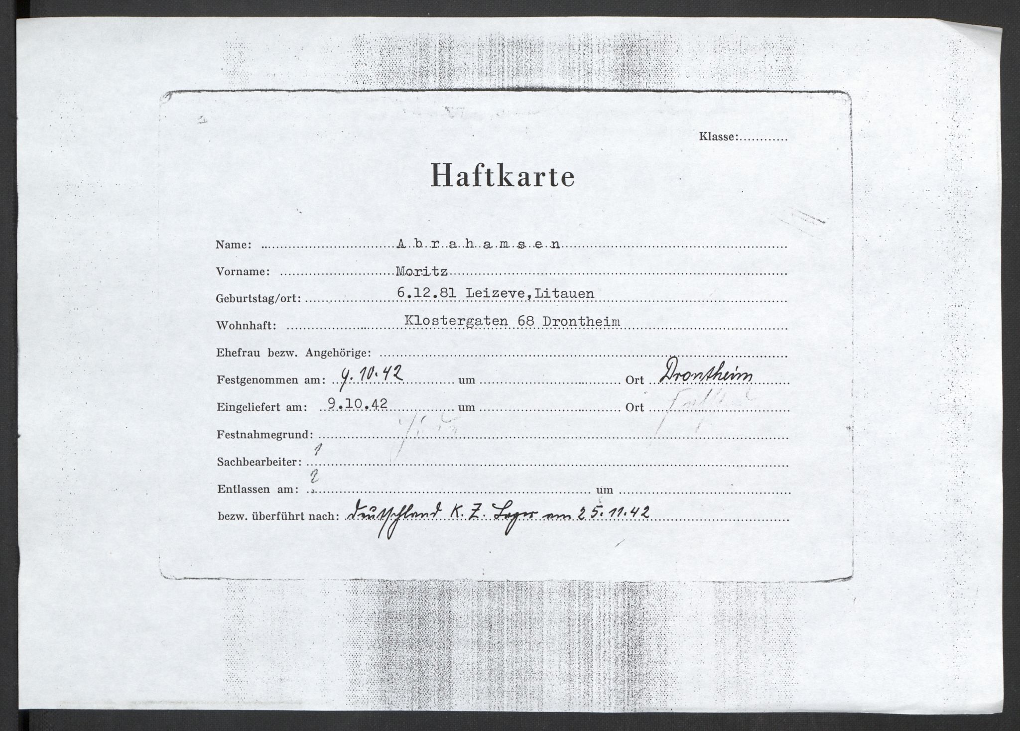 Befehlshaber der Sicherheitspolizei und des SD, RA/RAFA-5969/F/Fc/L0019: Kopier av diverse fangekort + kopier av to dommer mot nordmenn ved Reichskriegsgericht i Berlin, 1941-1945