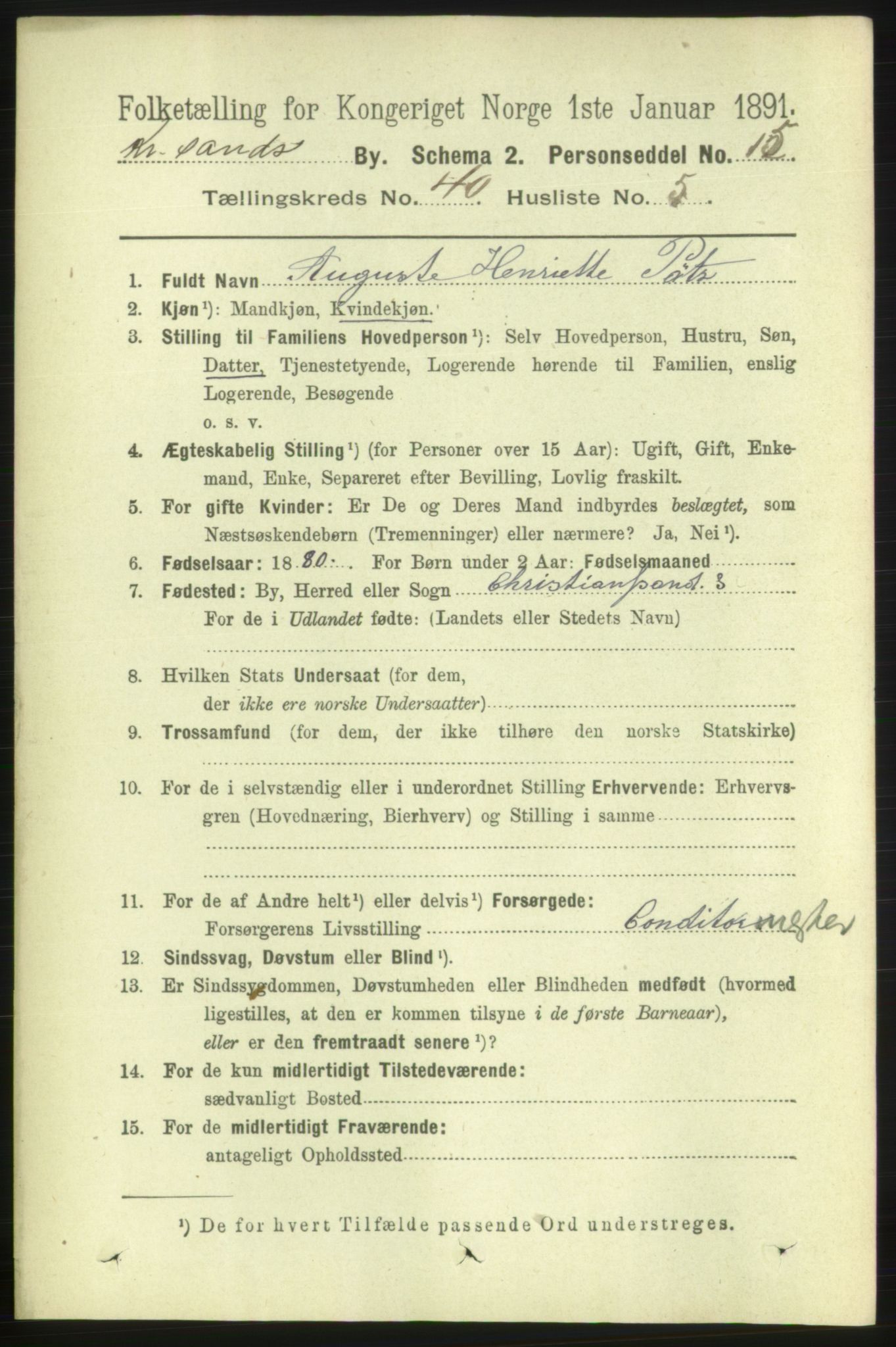 RA, 1891 census for 1001 Kristiansand, 1891, p. 12455