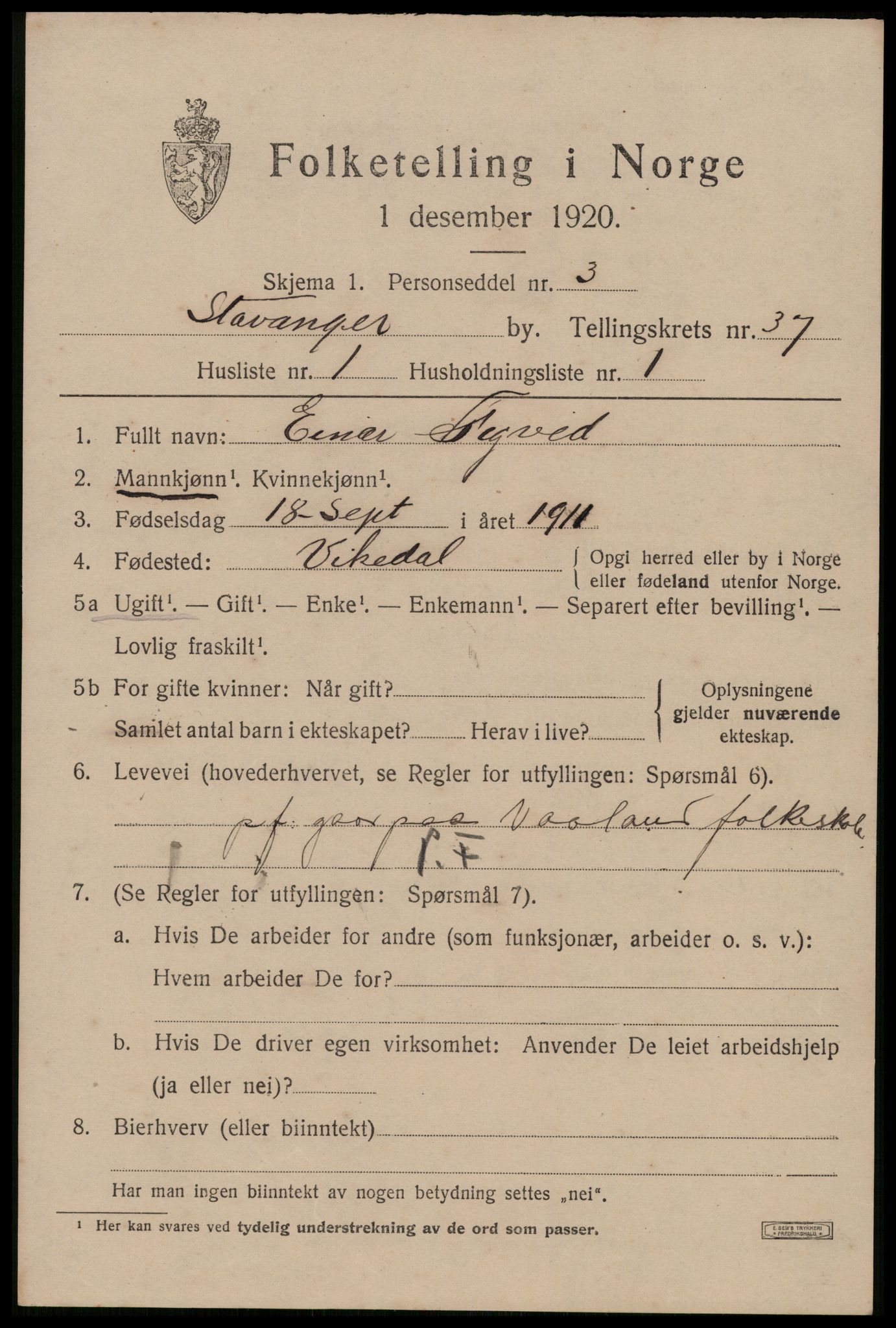 SAST, 1920 census for Stavanger, 1920, p. 97260