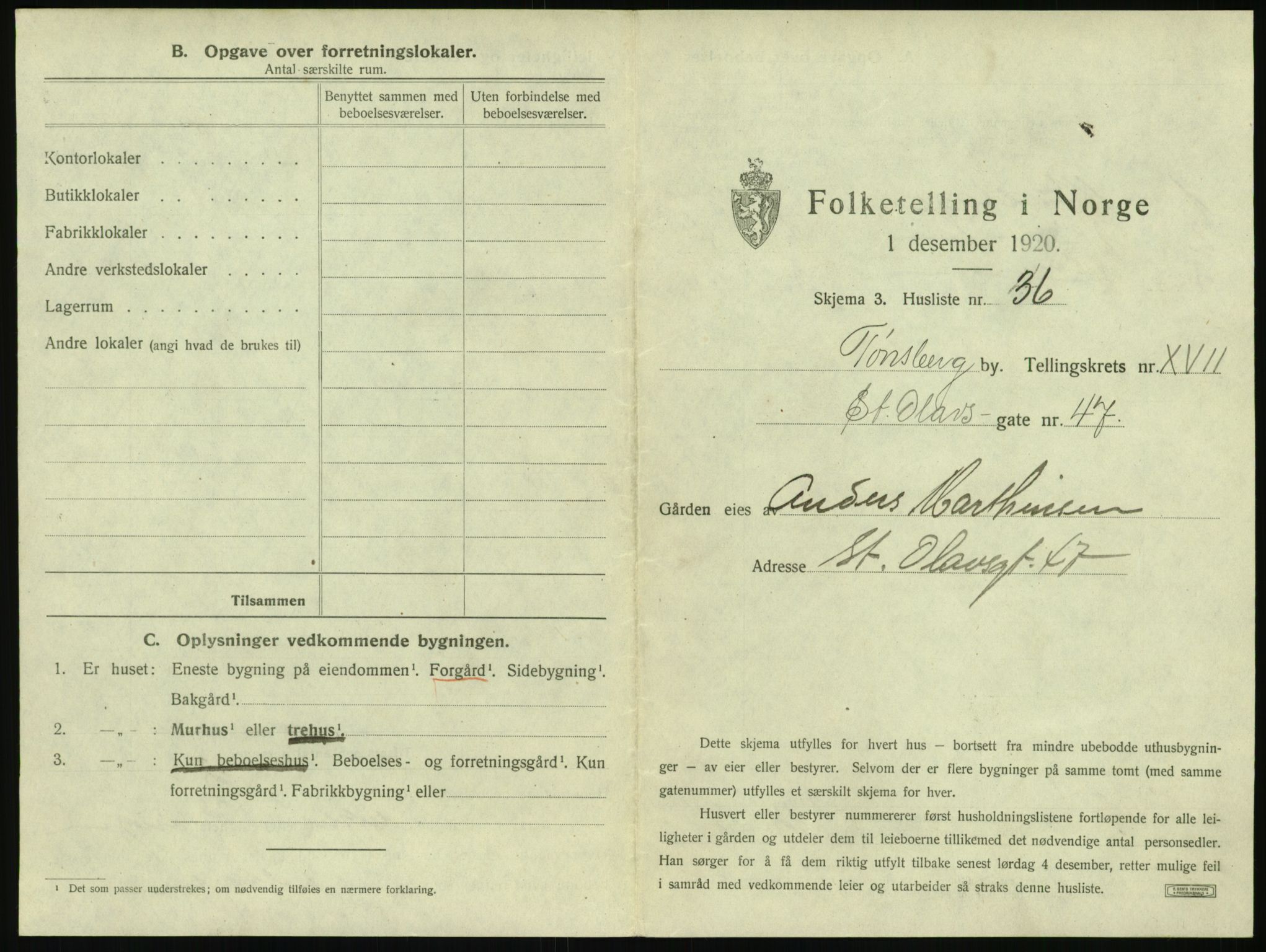 SAKO, 1920 census for Tønsberg, 1920, p. 1843