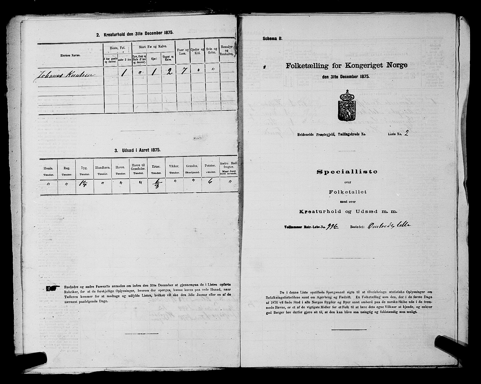 SAKO, 1875 census for 0829P Kviteseid, 1875, p. 834