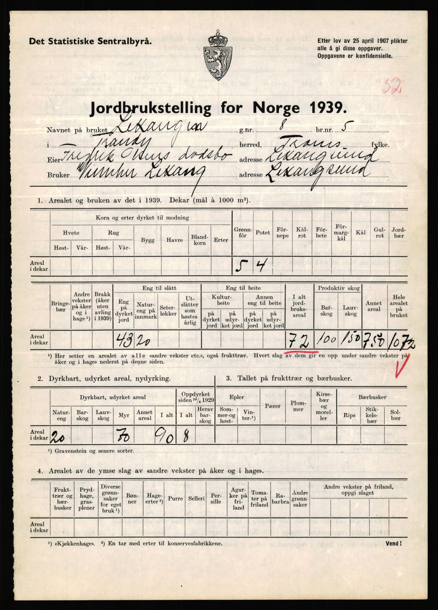 Statistisk sentralbyrå, Næringsøkonomiske emner, Jordbruk, skogbruk, jakt, fiske og fangst, AV/RA-S-2234/G/Gb/L0341: Troms: Sørreisa og Tranøy, 1939, p. 1570