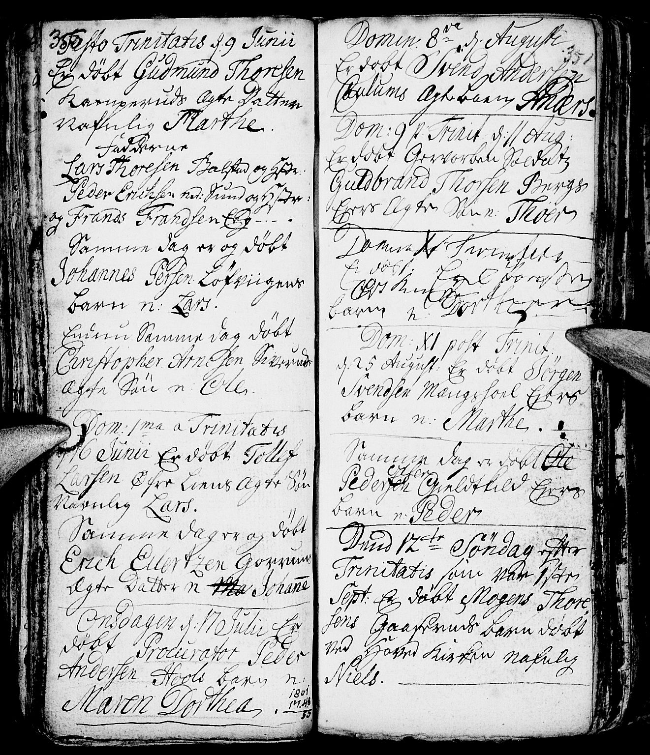 Nes prestekontor, Hedmark, AV/SAH-PREST-020/L/La/L0001: Parish register (copy) no. 1, 1663-1784, p. 350-351