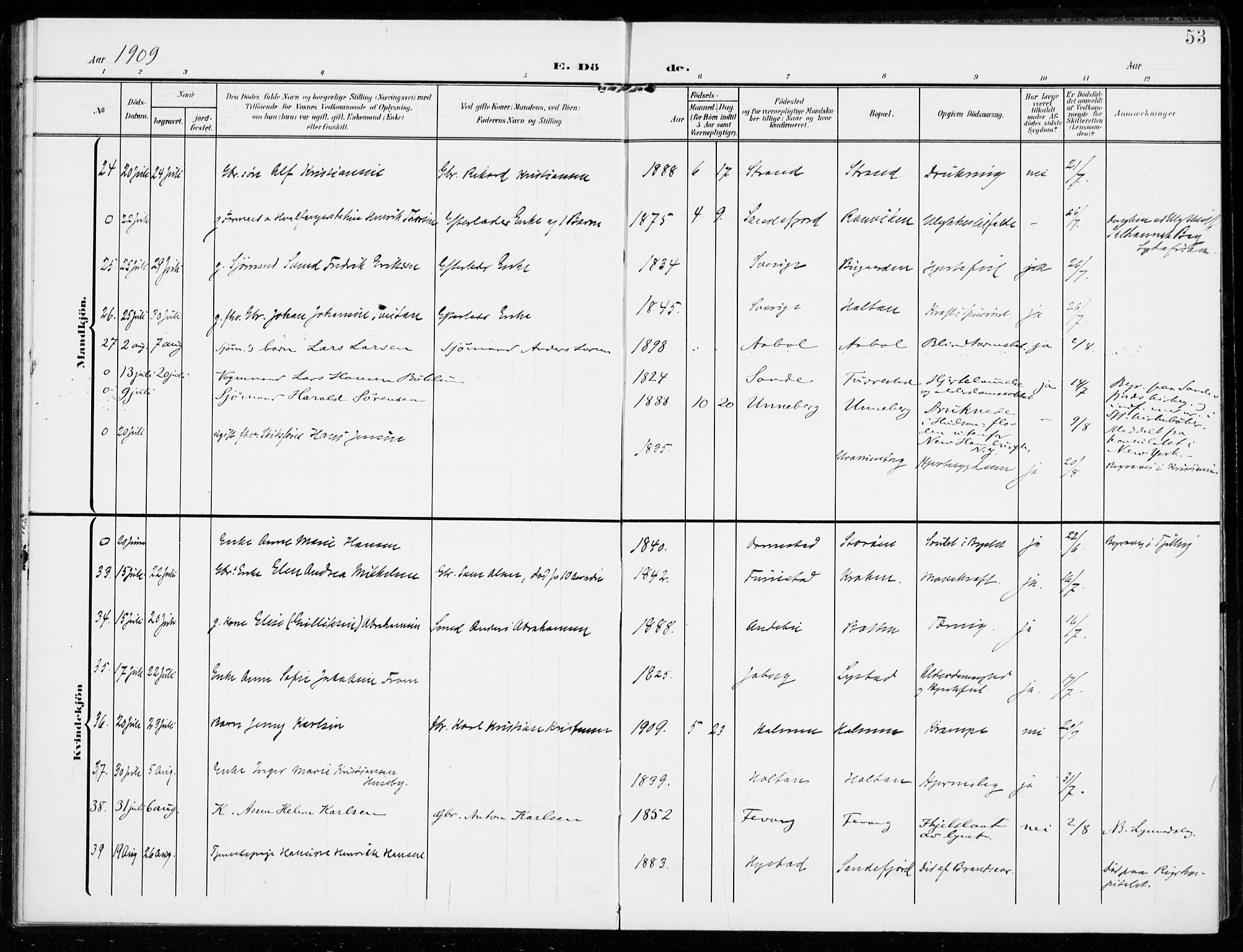 Sandar kirkebøker, AV/SAKO-A-243/F/Fa/L0019: Parish register (official) no. 19, 1908-1914, p. 53