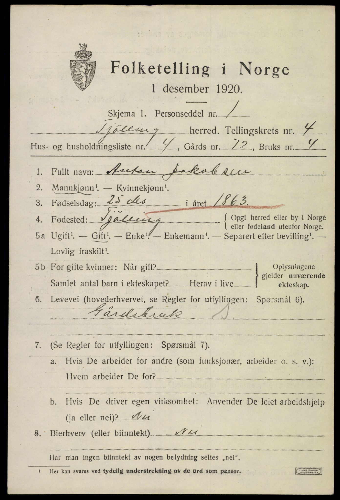 SAKO, 1920 census for Tjølling, 1920, p. 7529
