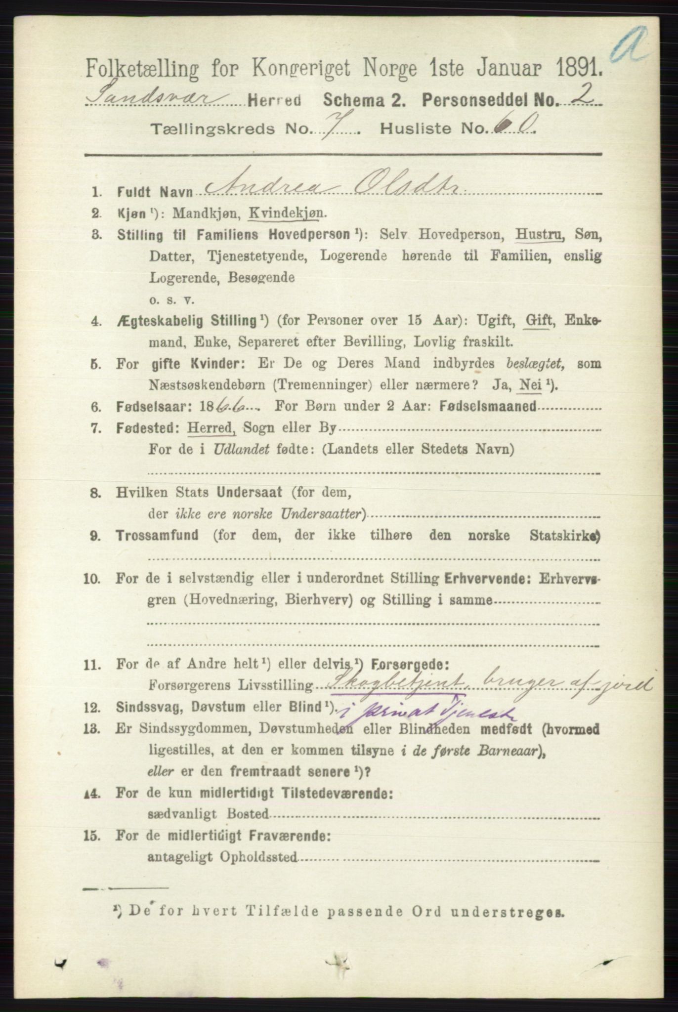 RA, 1891 census for 0629 Sandsvær, 1891, p. 4262