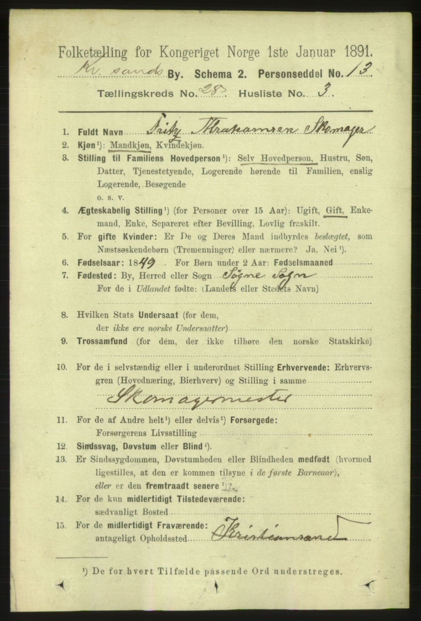 RA, 1891 census for 1001 Kristiansand, 1891, p. 9521