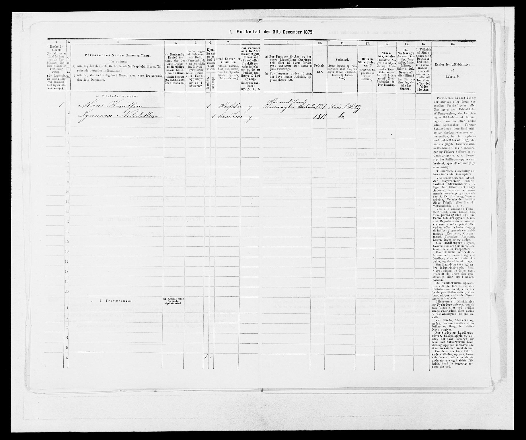 SAB, 1875 census for 1250P Haus, 1875, p. 1309