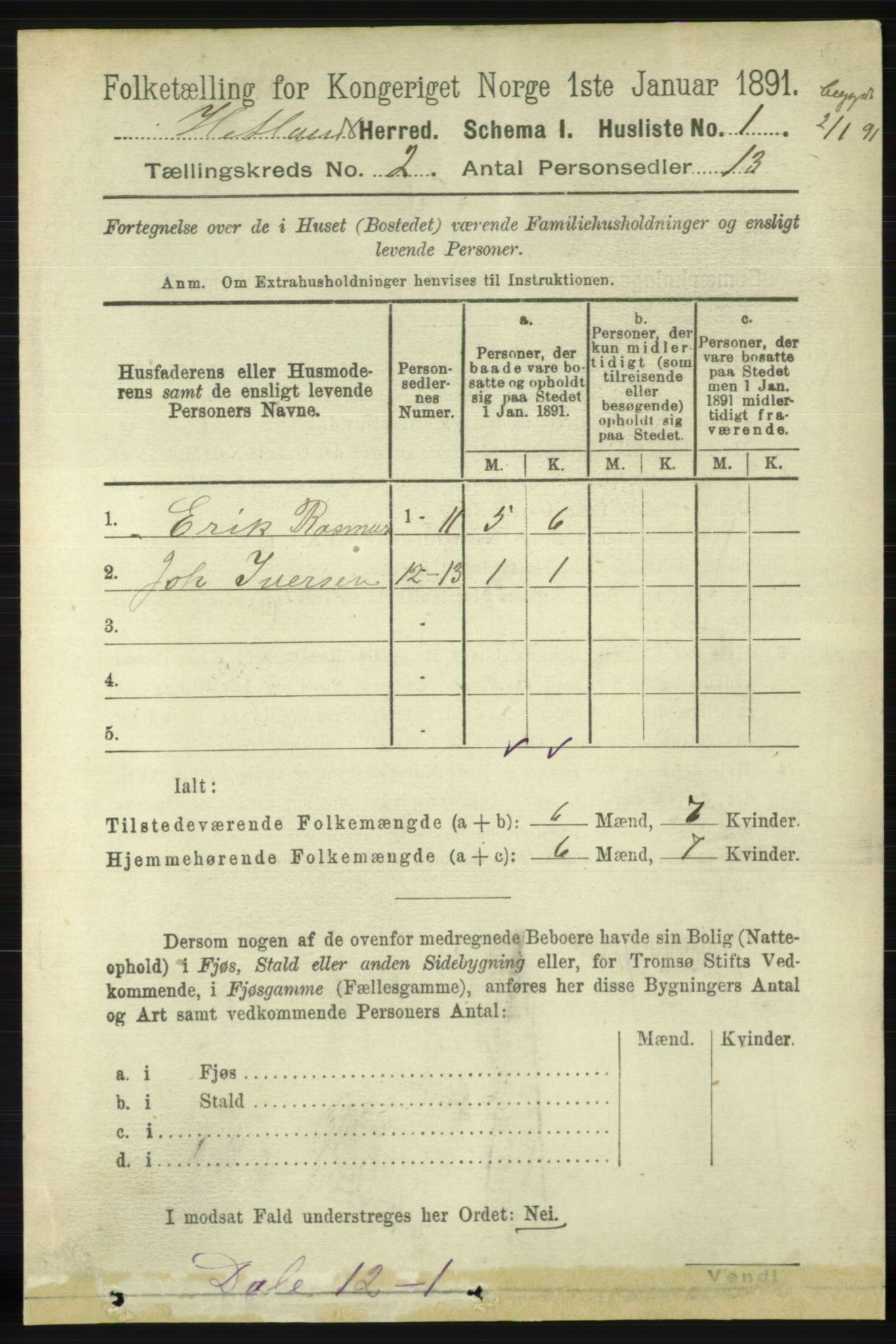 RA, 1891 census for 1126 Hetland, 1891, p. 381