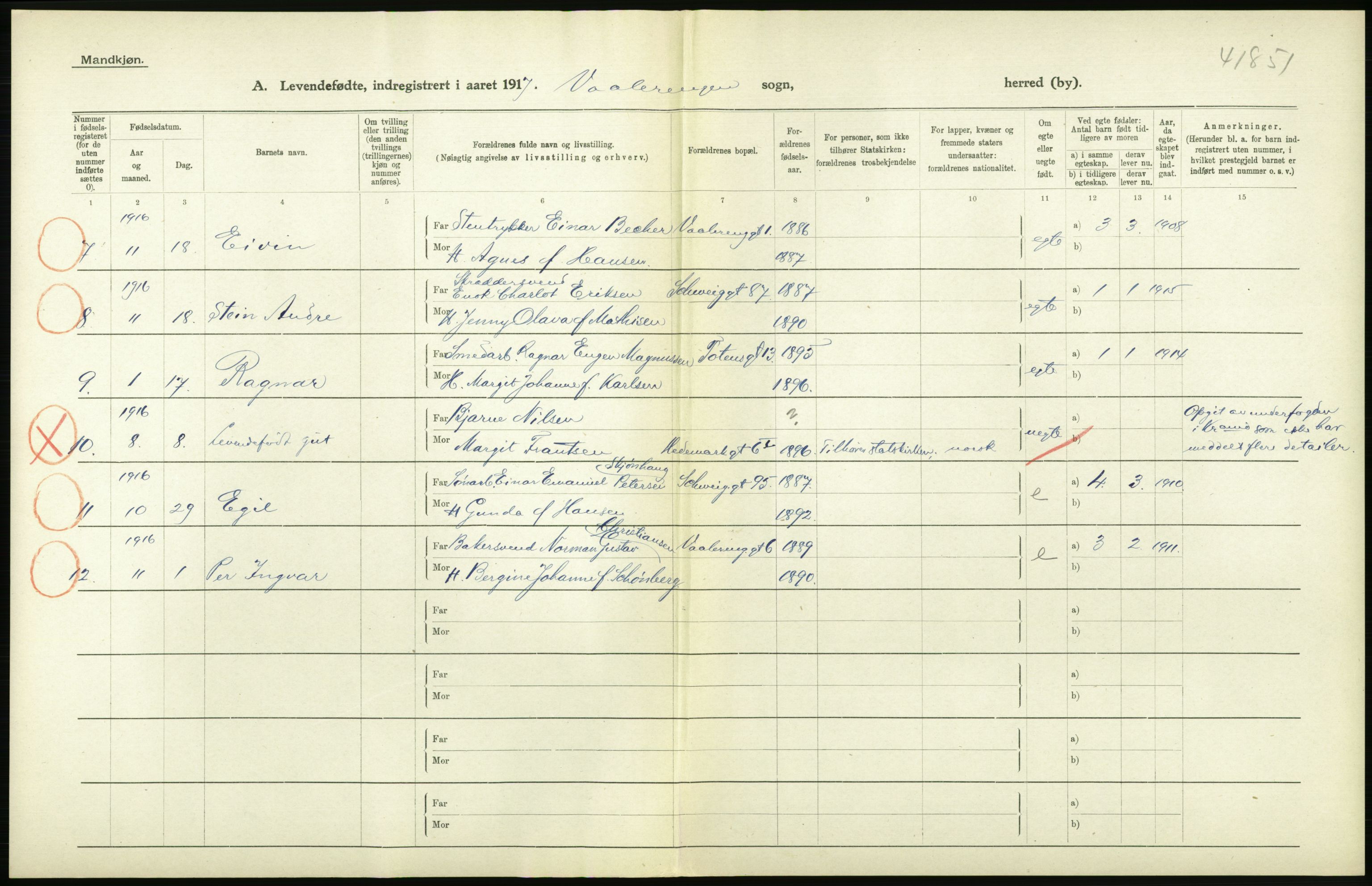 Statistisk sentralbyrå, Sosiodemografiske emner, Befolkning, RA/S-2228/D/Df/Dfb/Dfbg/L0006: Kristiania: Levendefødte menn og kvinner., 1917, p. 316