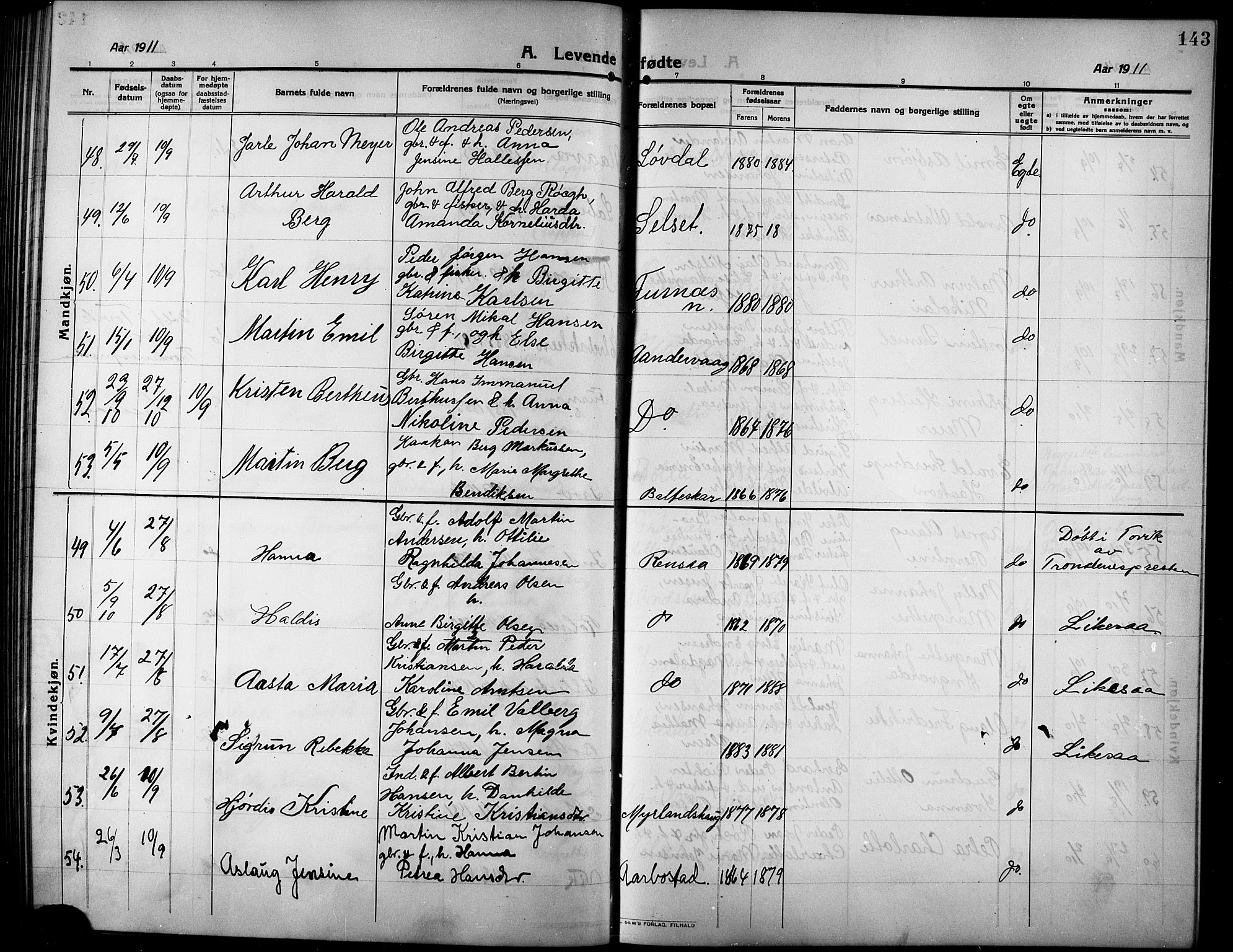 Ibestad sokneprestembete, AV/SATØ-S-0077/H/Ha/Hab/L0009klokker: Parish register (copy) no. 9, 1902-1914, p. 143