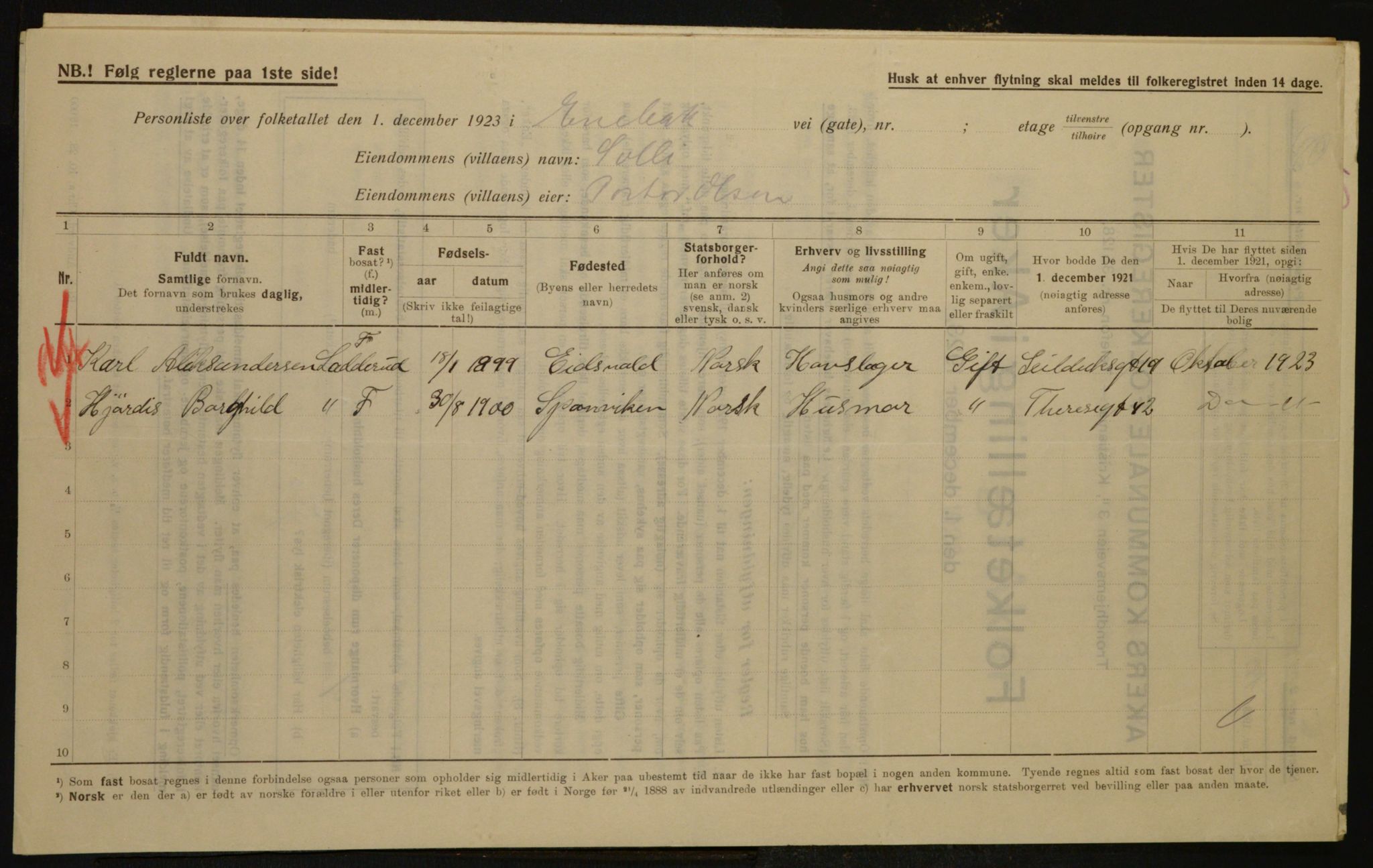 , Municipal Census 1923 for Aker, 1923, p. 23487