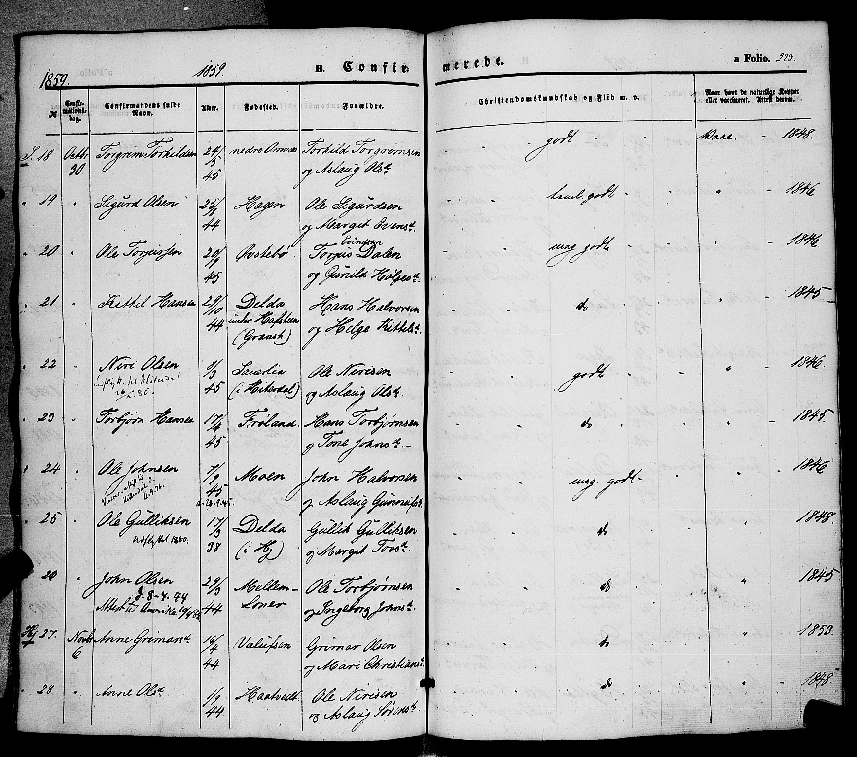 Hjartdal kirkebøker, AV/SAKO-A-270/F/Fa/L0008: Parish register (official) no. I 8, 1844-1859, p. 223