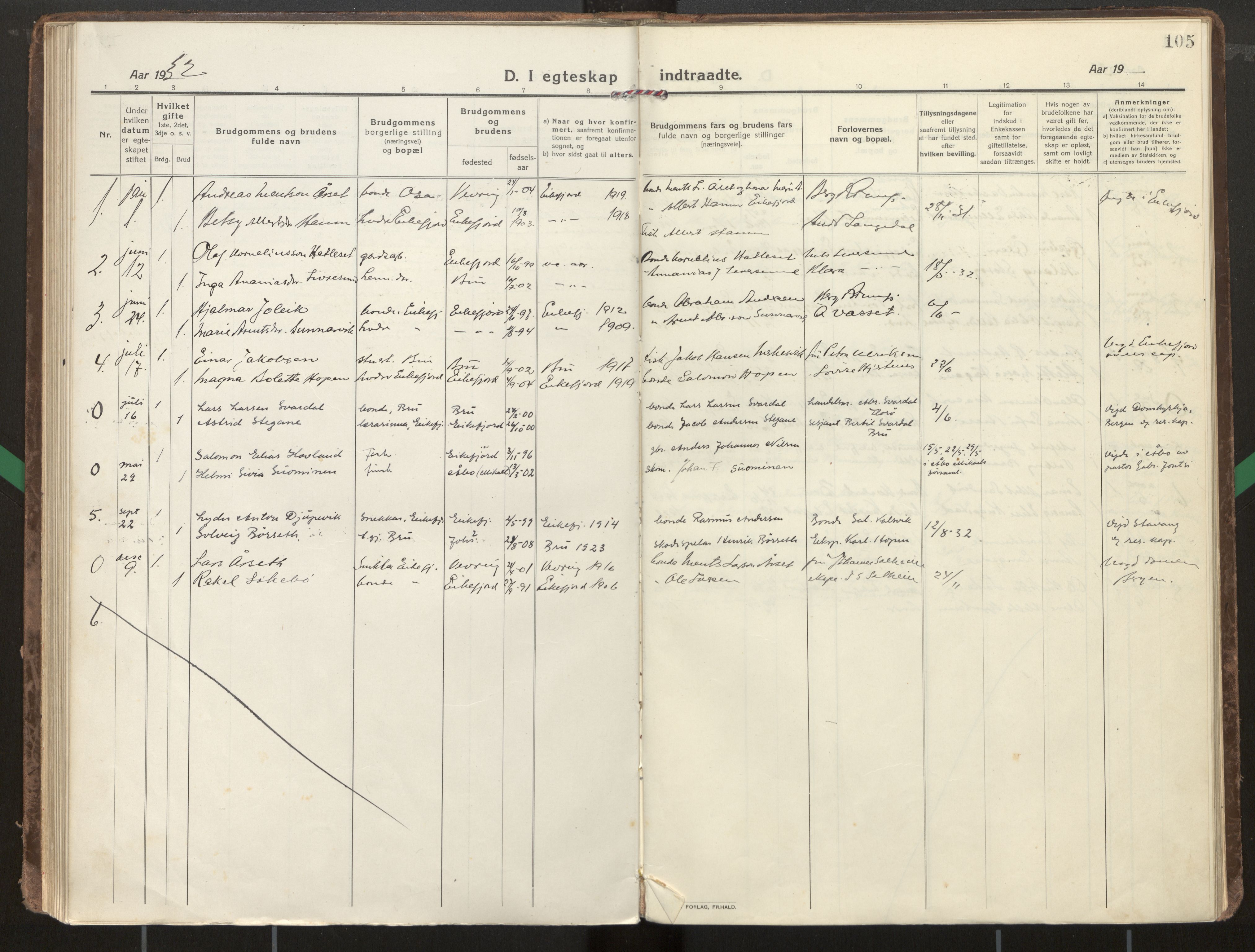 Kinn sokneprestembete, SAB/A-80801/H/Haa/Haae/L0002: Parish register (official) no. E 2, 1917-1937, p. 105