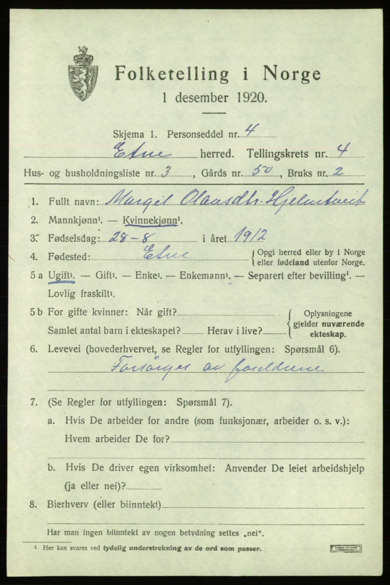 SAB, 1920 census for Etne, 1920, p. 2017