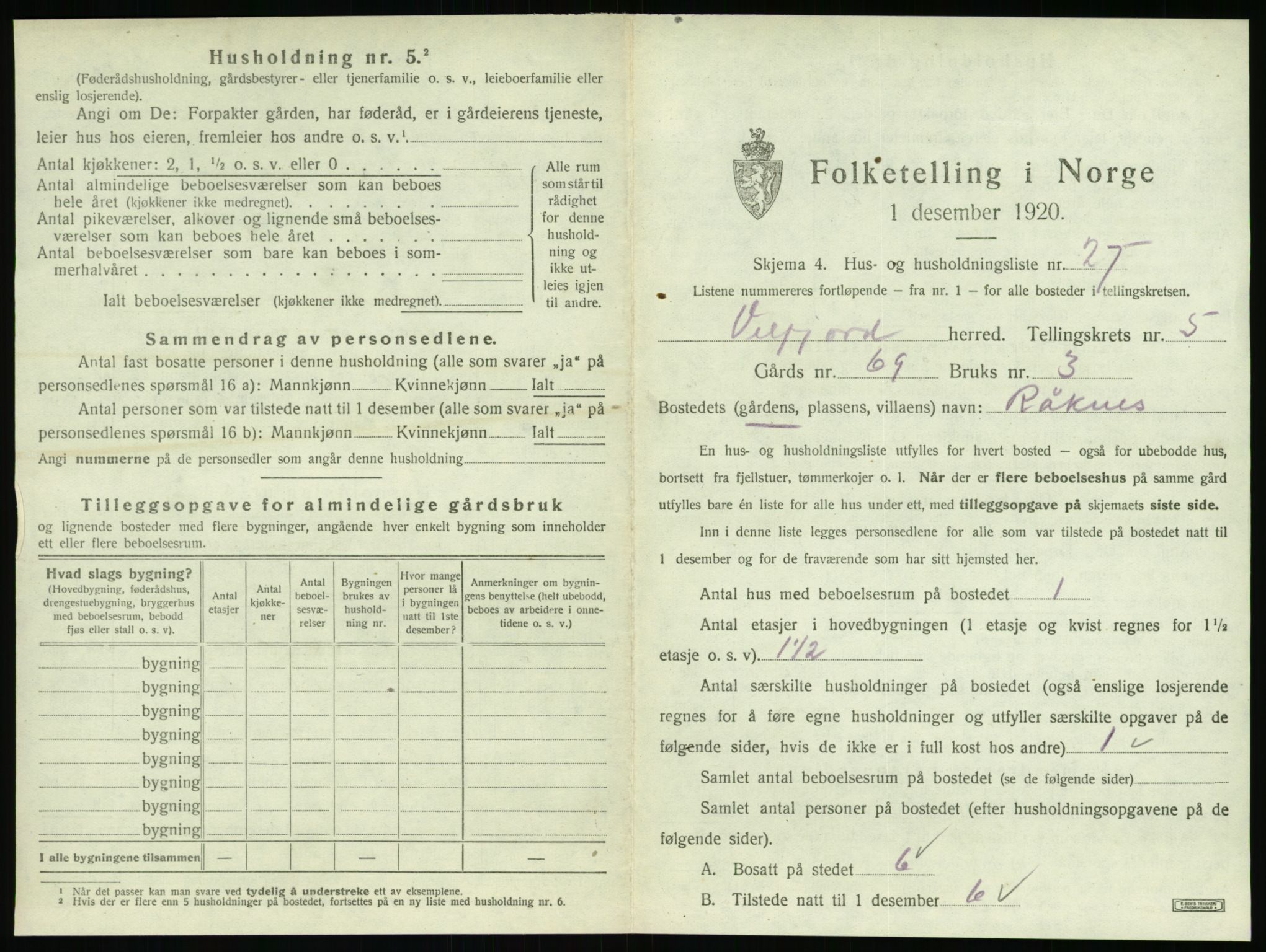 SAT, 1920 census for Velfjord, 1920, p. 523