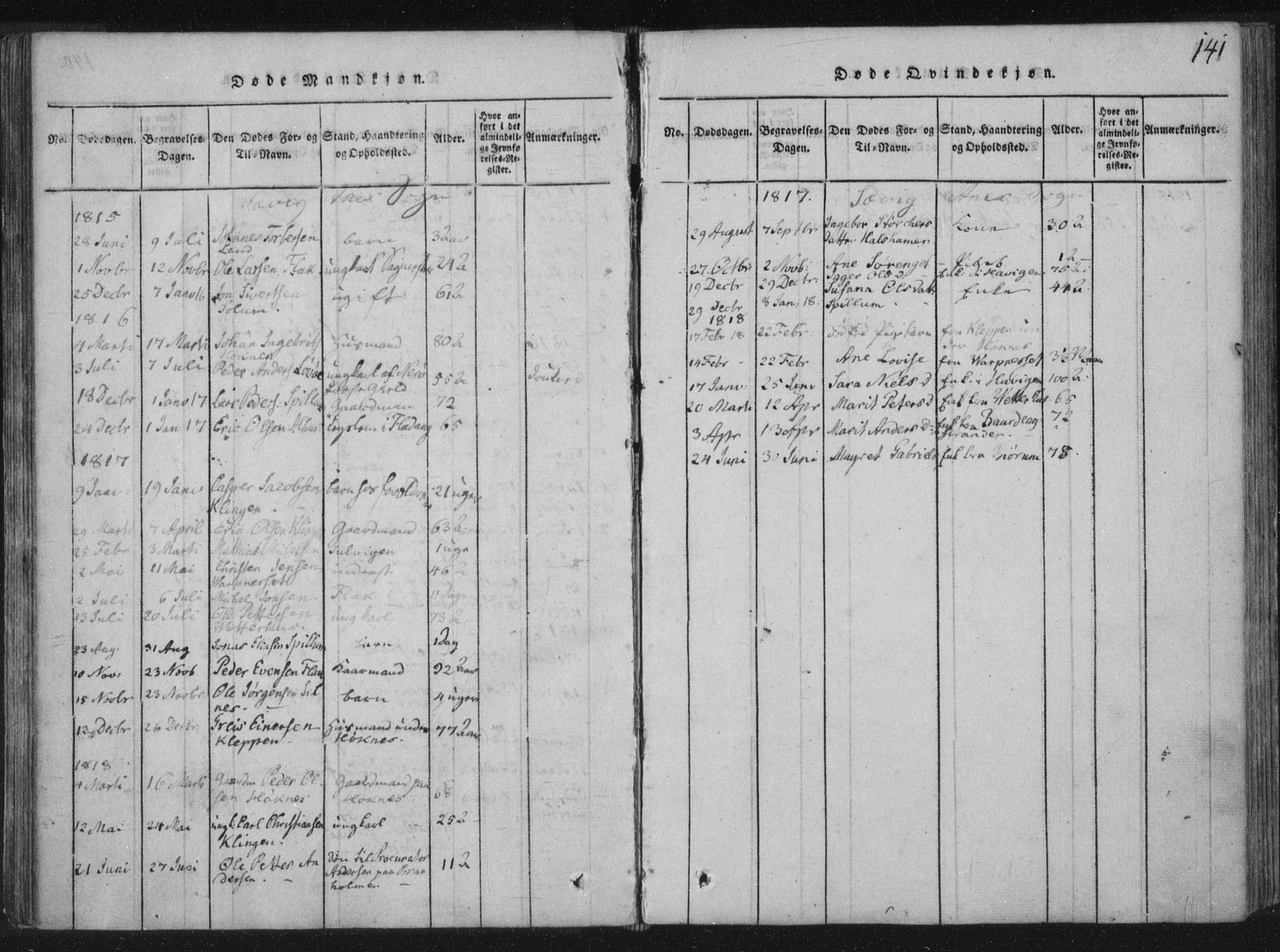 Ministerialprotokoller, klokkerbøker og fødselsregistre - Nord-Trøndelag, AV/SAT-A-1458/773/L0609: Parish register (official) no. 773A03 /4, 1815-1818, p. 141