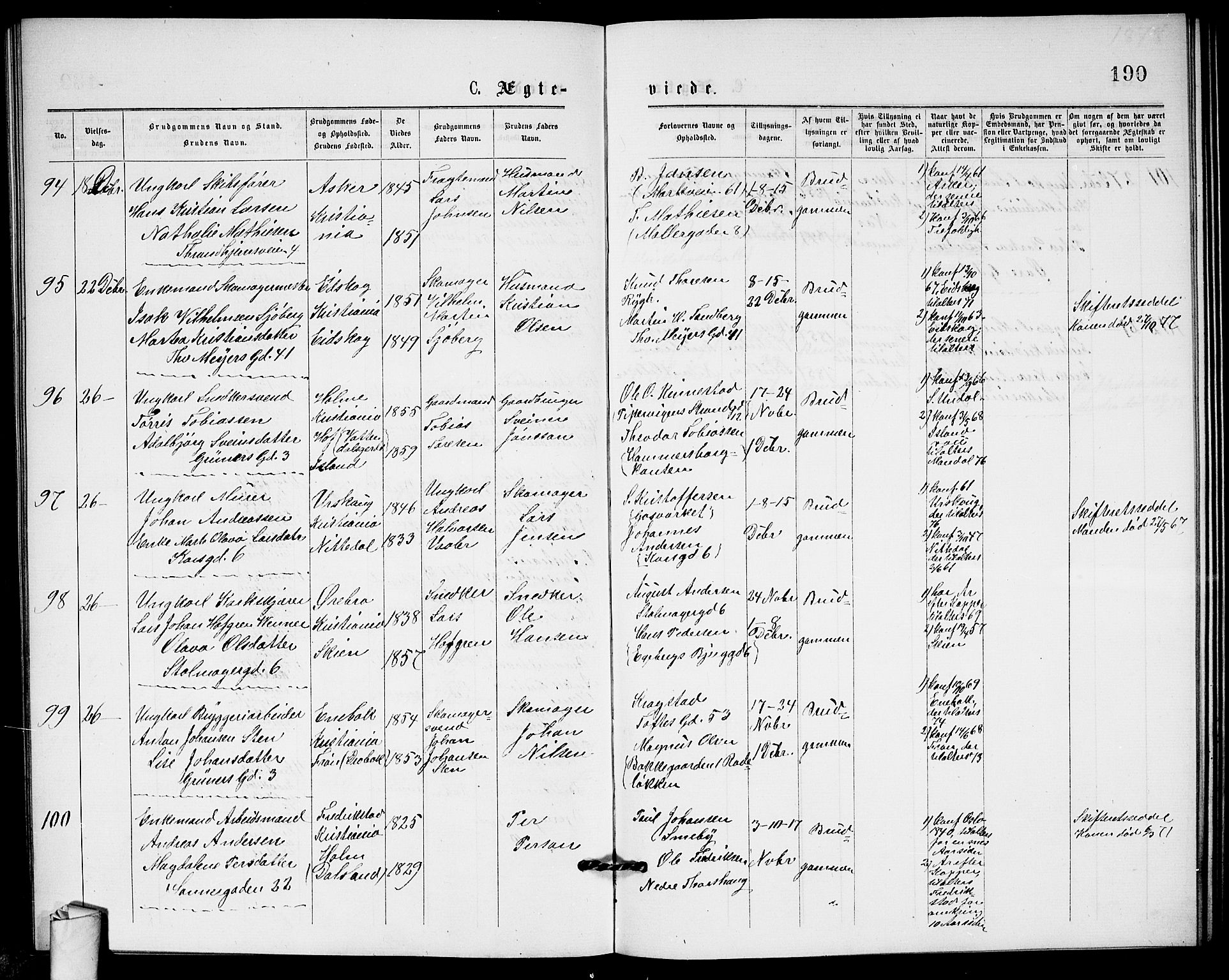 Paulus prestekontor Kirkebøker, AV/SAO-A-10871/G/Ga/L0001: Parish register (copy) no. 1, 1875-1878, p. 190