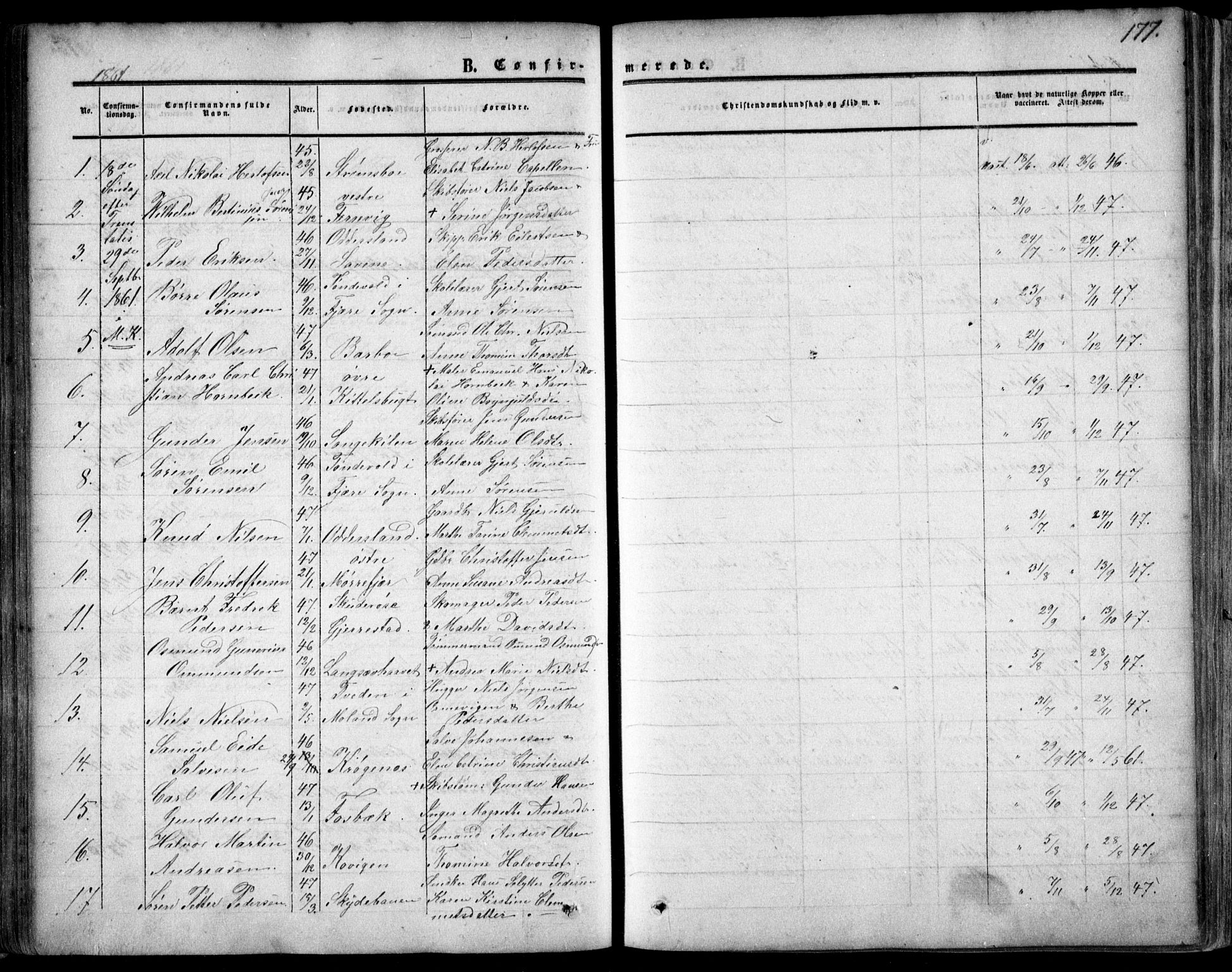 Tromøy sokneprestkontor, AV/SAK-1111-0041/F/Fa/L0006: Parish register (official) no. A 6, 1855-1863, p. 177