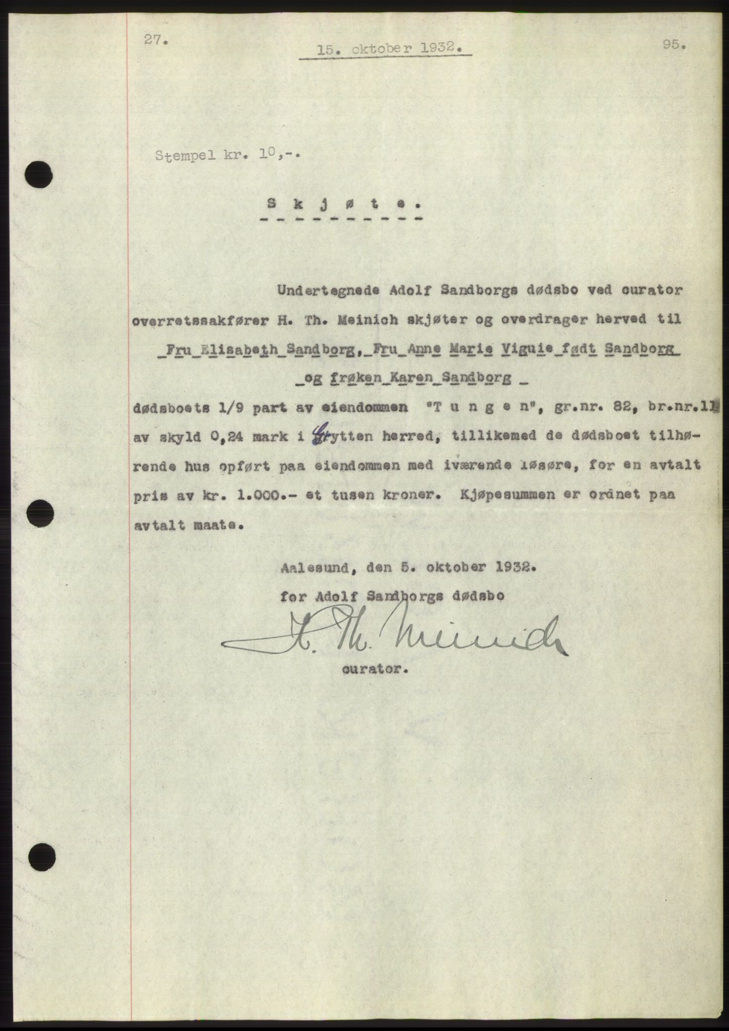 Romsdal sorenskriveri, AV/SAT-A-4149/1/2/2C/L0062: Mortgage book no. 56, 1932-1933, Deed date: 15.10.1932