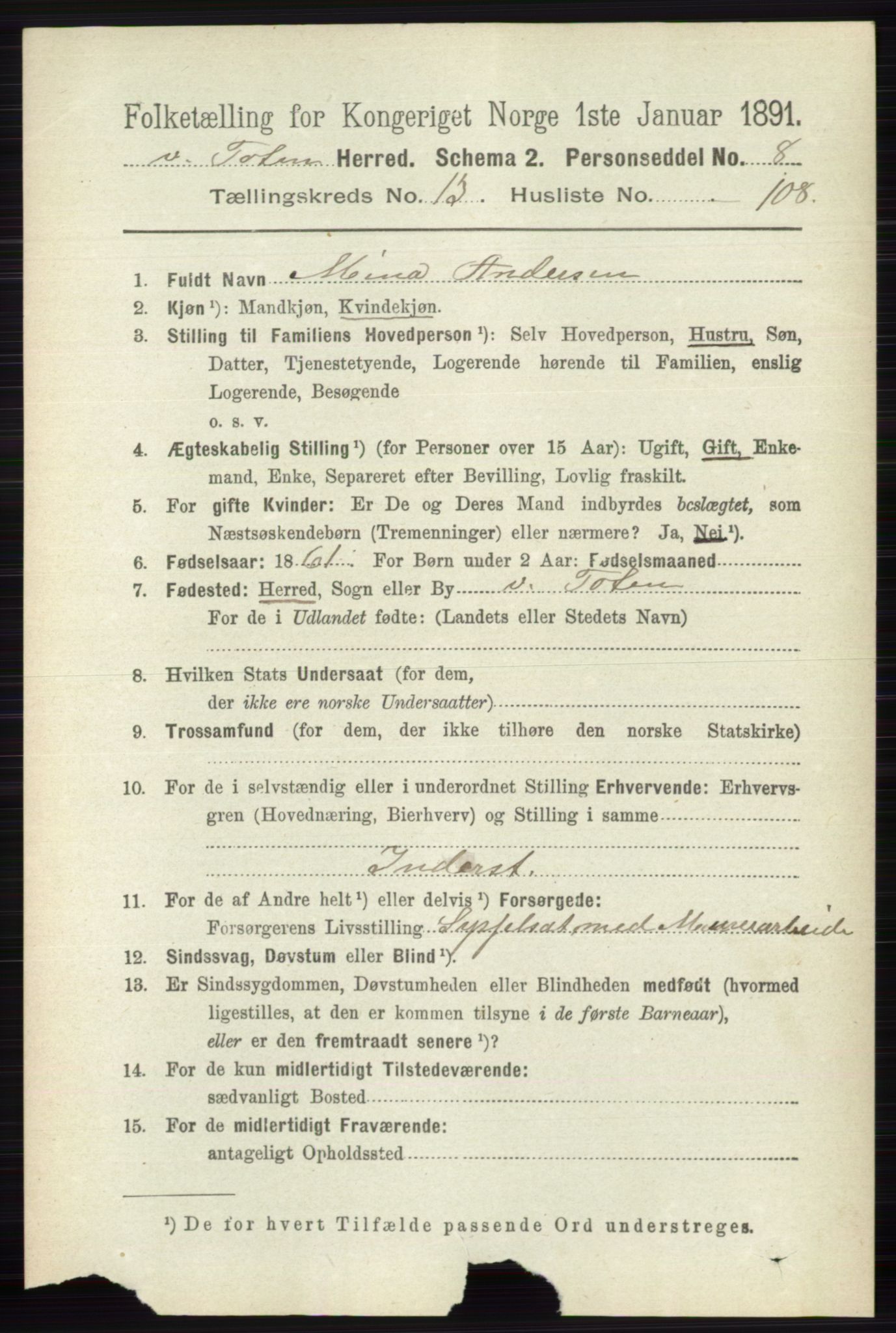 RA, 1891 census for 0529 Vestre Toten, 1891, p. 8405