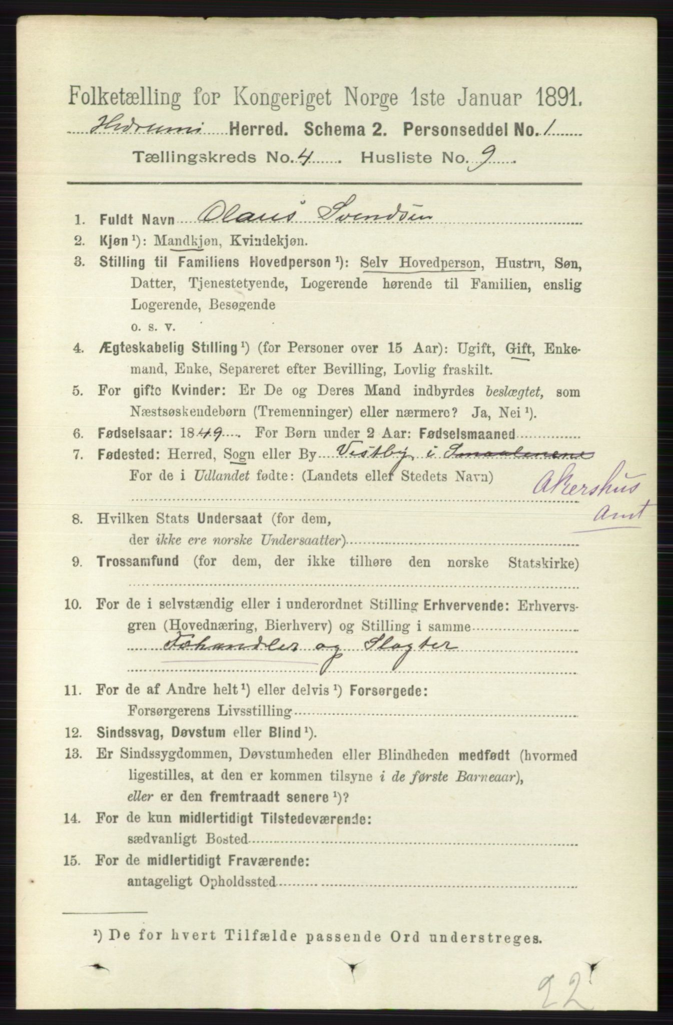 RA, 1891 census for 0727 Hedrum, 1891, p. 1430