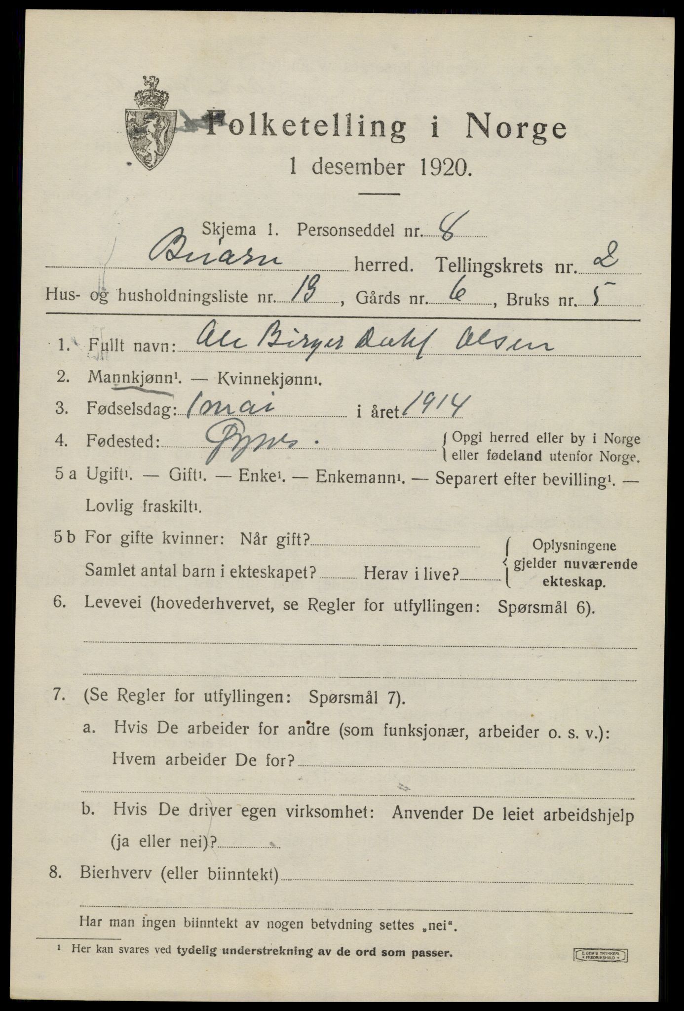 SAT, 1920 census for Beiarn, 1920, p. 1098