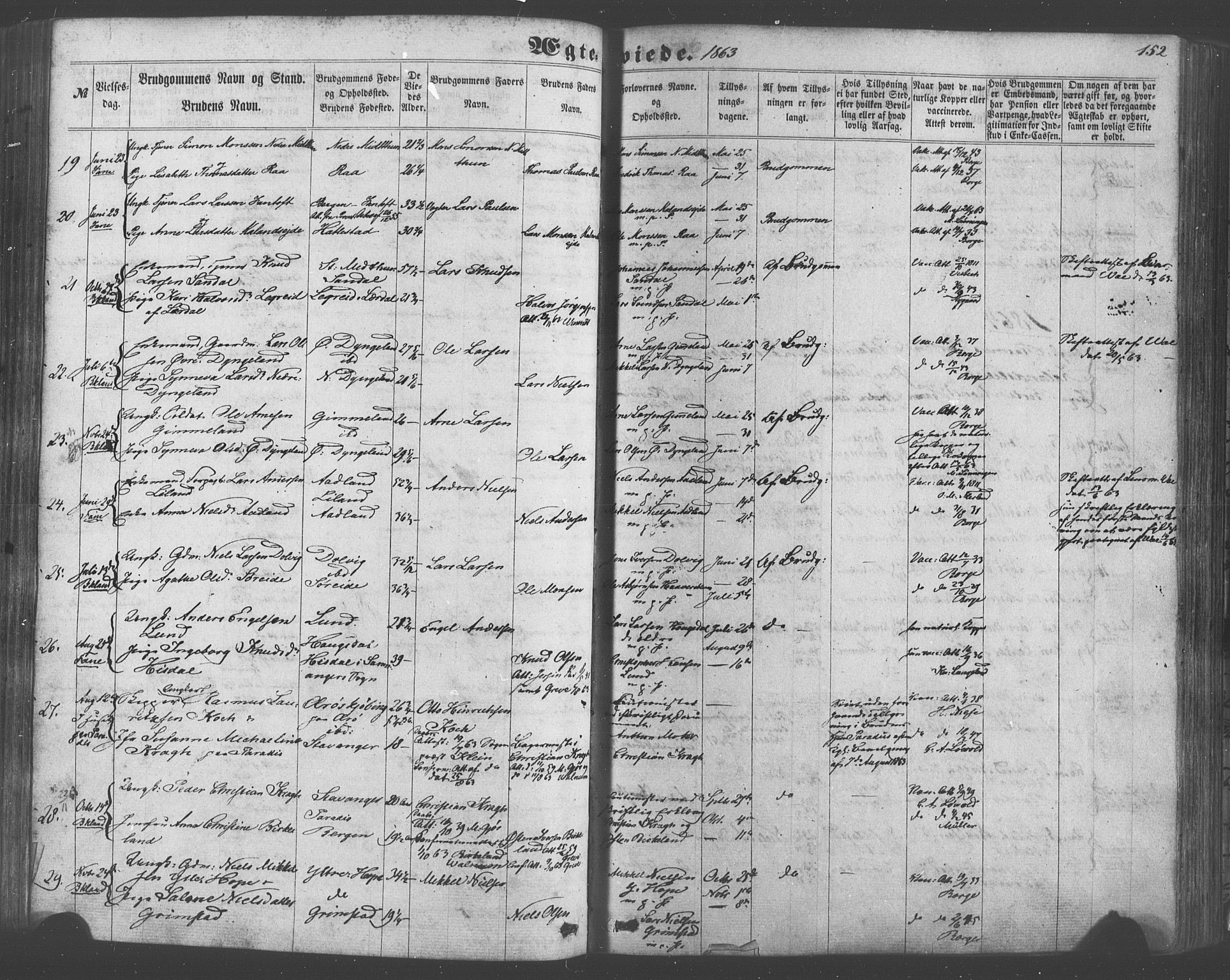 Fana Sokneprestembete, AV/SAB-A-75101/H/Haa/Haaa/L0012: Parish register (official) no. A 12, 1862-1878, p. 152