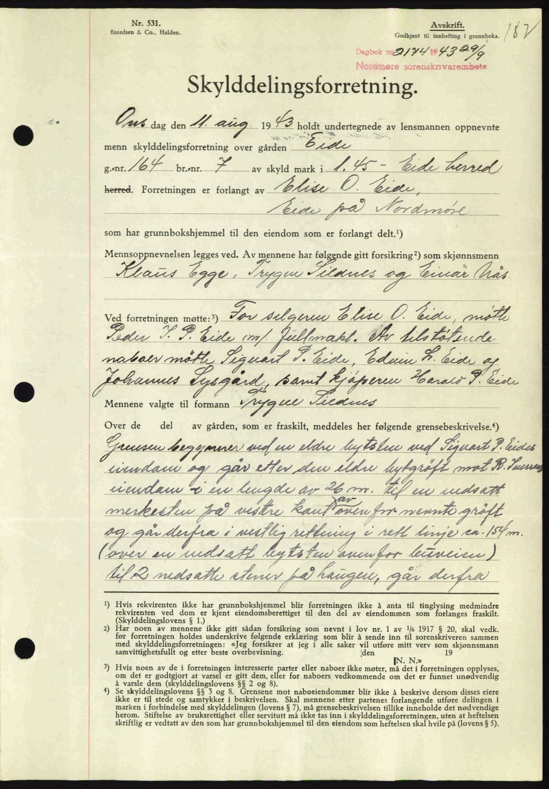 Nordmøre sorenskriveri, SAT/A-4132/1/2/2Ca: Mortgage book no. A96, 1943-1944, Diary no: : 2174/1943