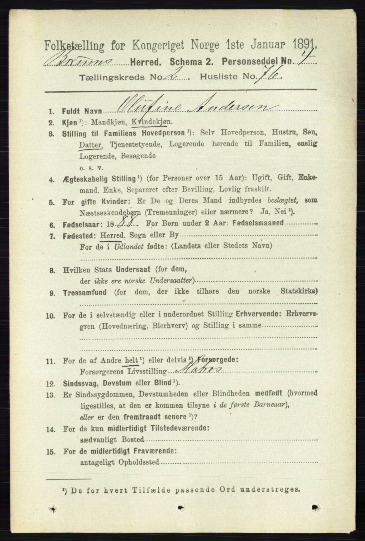 RA, 1891 census for 0219 Bærum, 1891, p. 1606