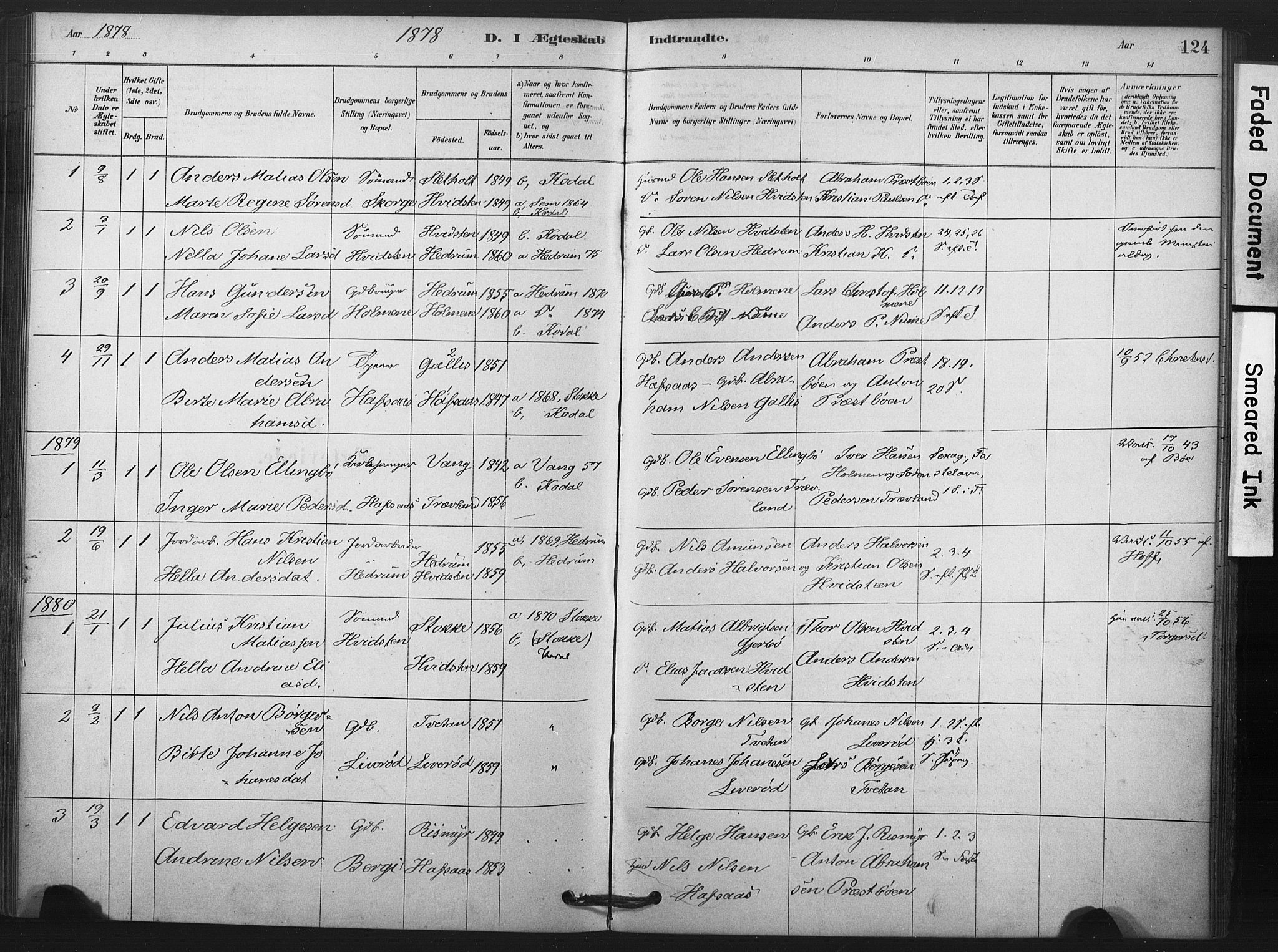 Andebu kirkebøker, AV/SAKO-A-336/F/Fa/L0008: Parish register (official) no. 8, 1878-1902, p. 124