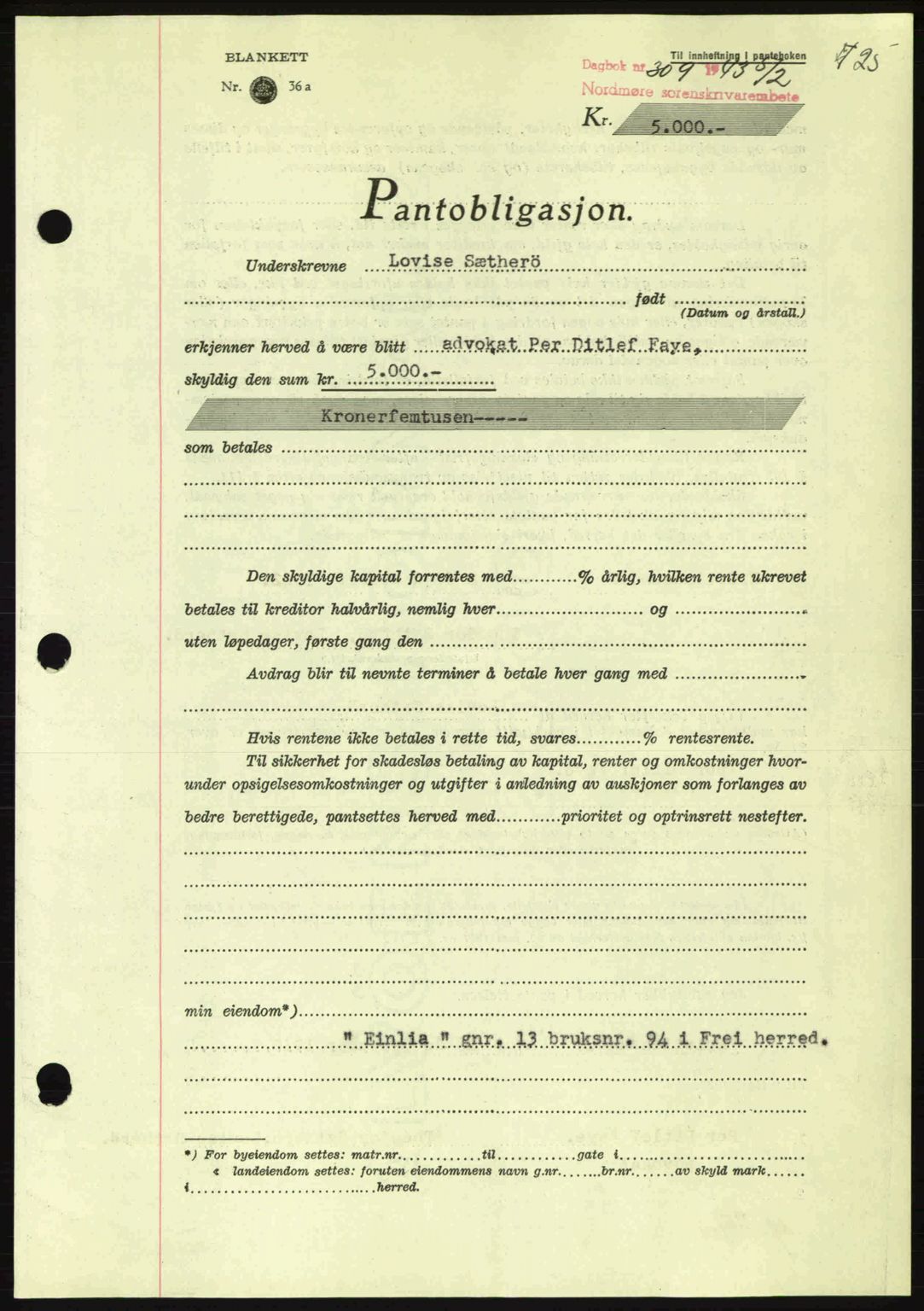 Nordmøre sorenskriveri, AV/SAT-A-4132/1/2/2Ca: Mortgage book no. B90, 1942-1943, Diary no: : 309/1943