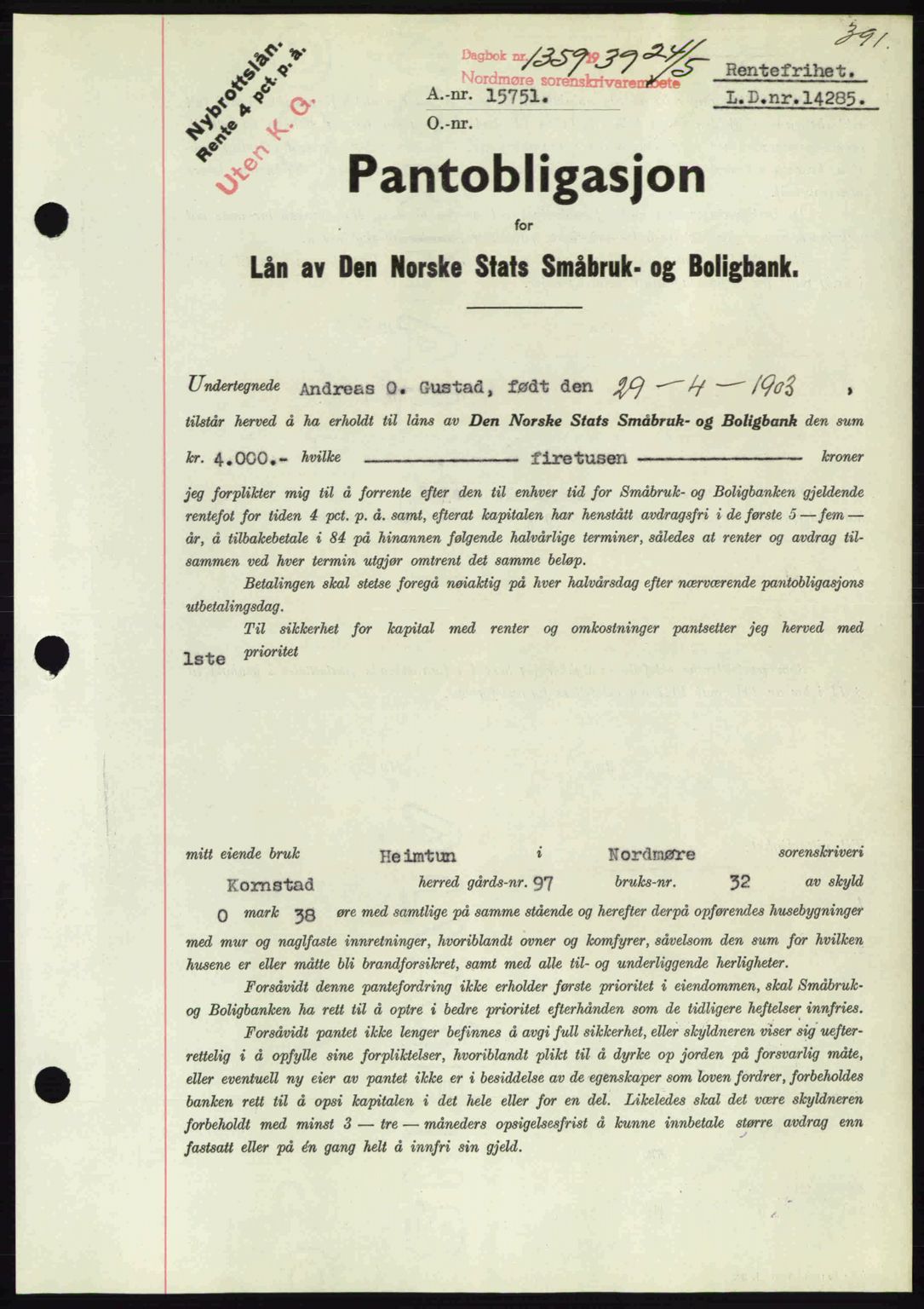 Nordmøre sorenskriveri, AV/SAT-A-4132/1/2/2Ca: Mortgage book no. B85, 1939-1939, Diary no: : 1359/1939