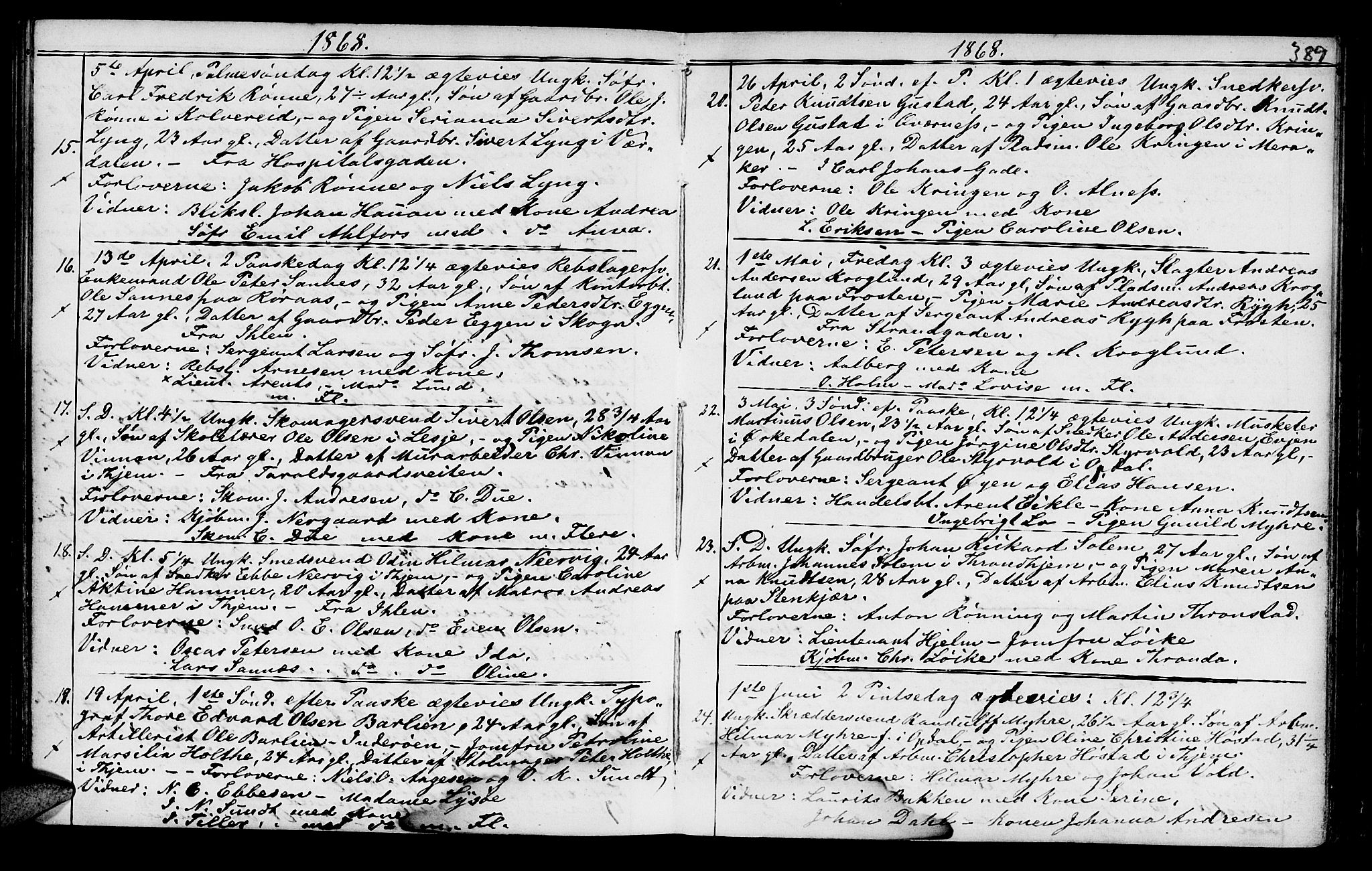 Ministerialprotokoller, klokkerbøker og fødselsregistre - Sør-Trøndelag, SAT/A-1456/602/L0140: Parish register (copy) no. 602C08, 1864-1872, p. 388-389