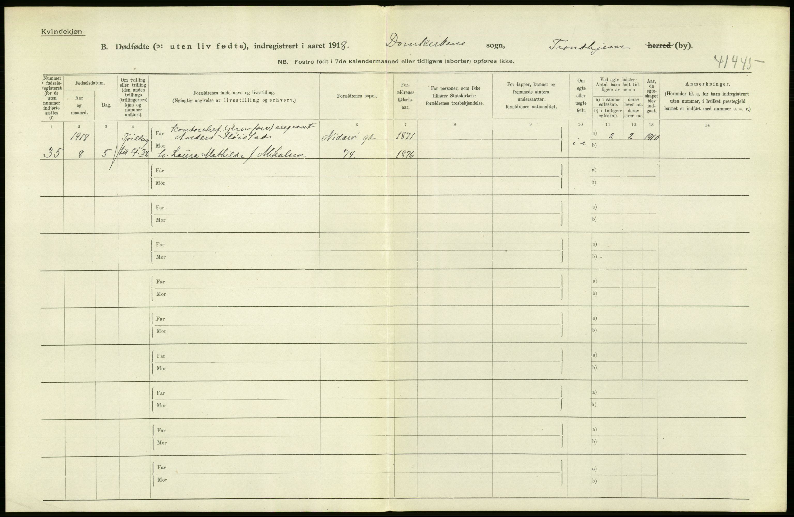 Statistisk sentralbyrå, Sosiodemografiske emner, Befolkning, AV/RA-S-2228/D/Df/Dfb/Dfbh/L0049: Trondheim: Døde, dødfødte., 1918, p. 362